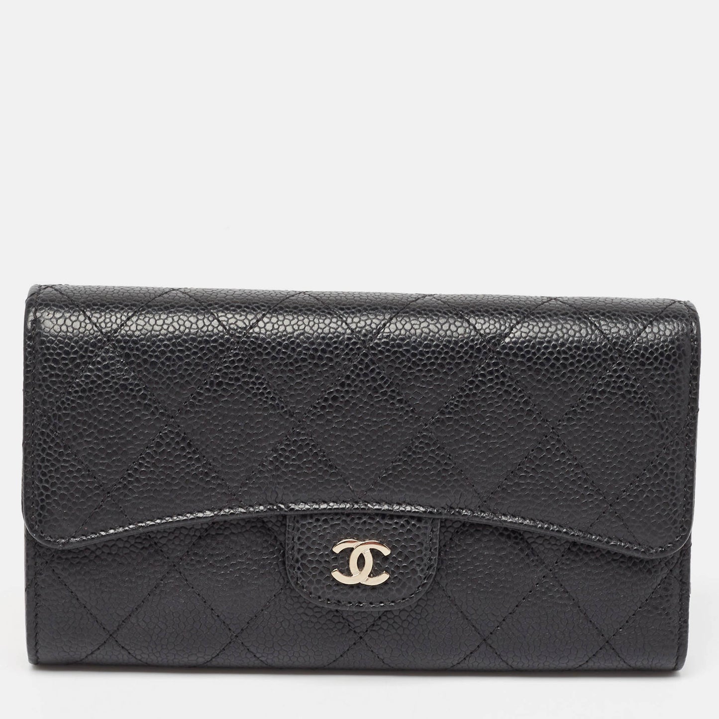 CHANEL Black Quilted Caviar Leather Classic Tri Fold Continental Wallet