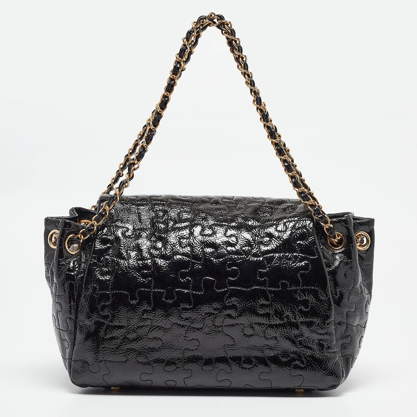 CHANEL Black Patent Leather Puzzle Accordion Flap Bag