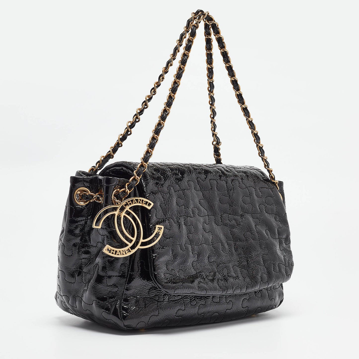 CHANEL Black Patent Leather Puzzle Accordion Flap Bag