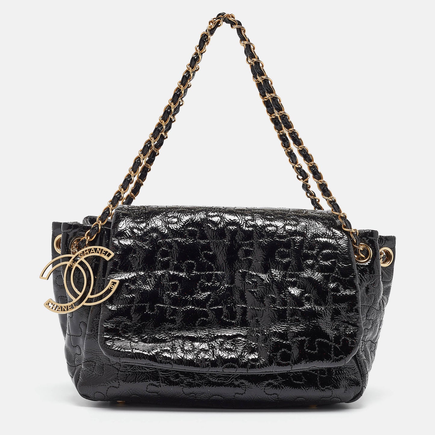 CHANEL Black Patent Leather Puzzle Accordion Flap Bag