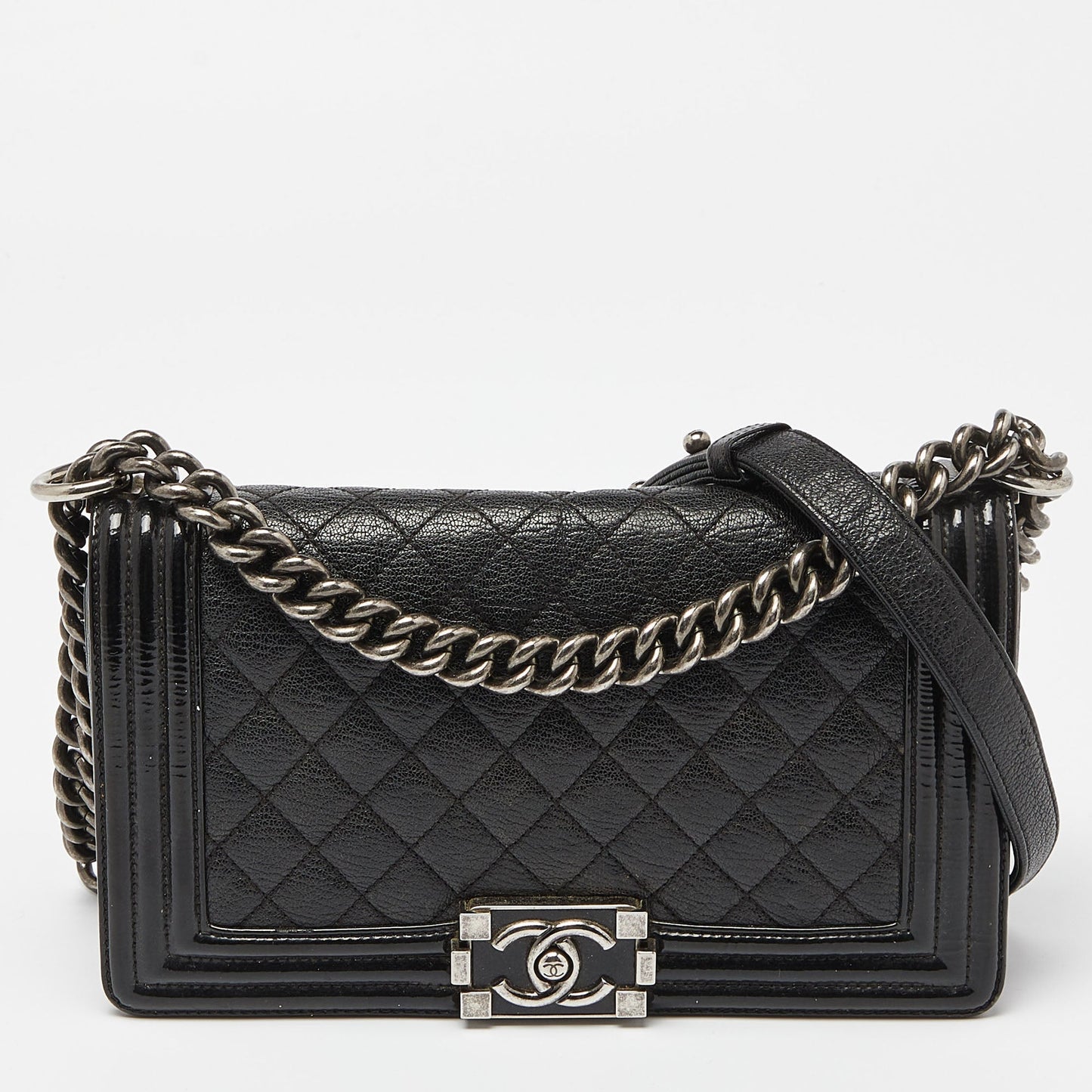 CHANEL Black Quilted Patent and Leather Medium Boy Flap Bag