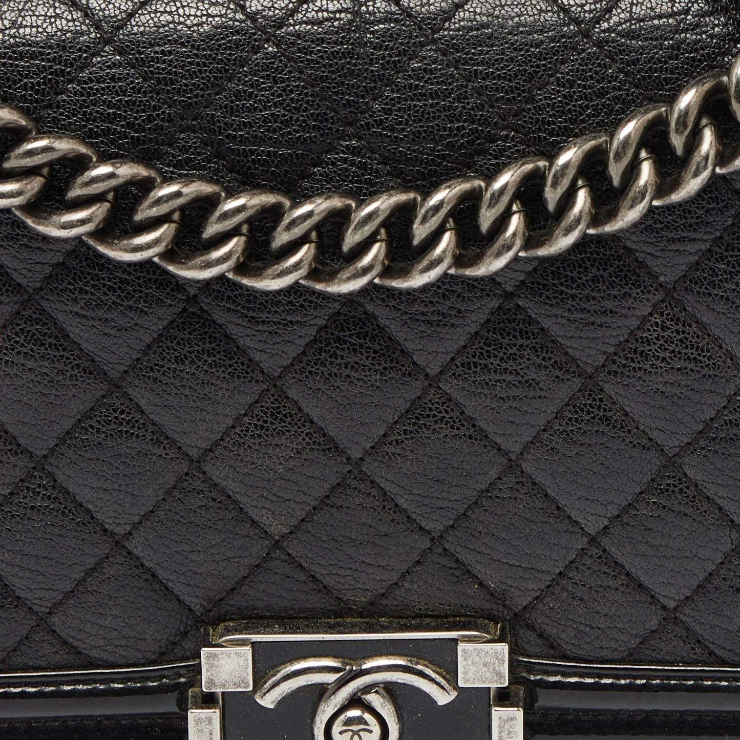 CHANEL Black Quilted Patent and Leather Medium Boy Flap Bag