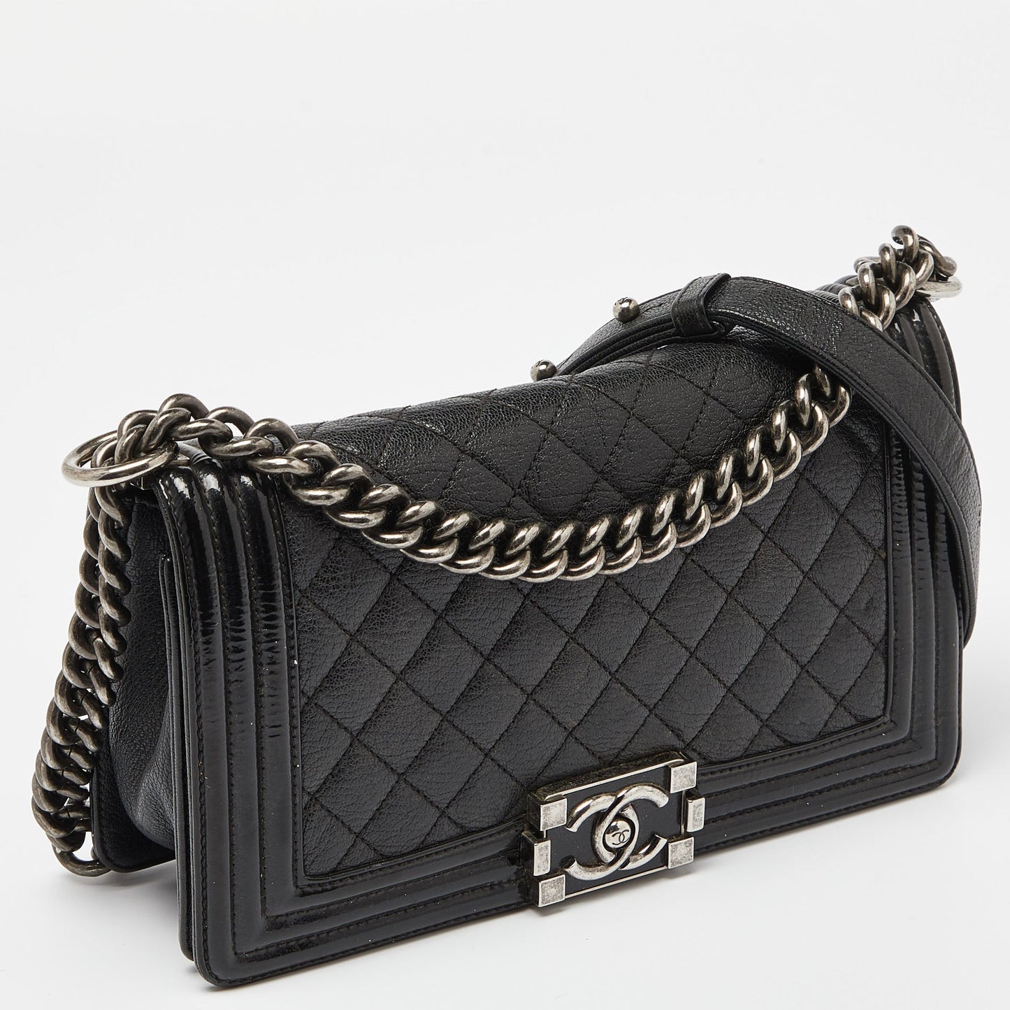 CHANEL Black Quilted Patent and Leather Medium Boy Flap Bag