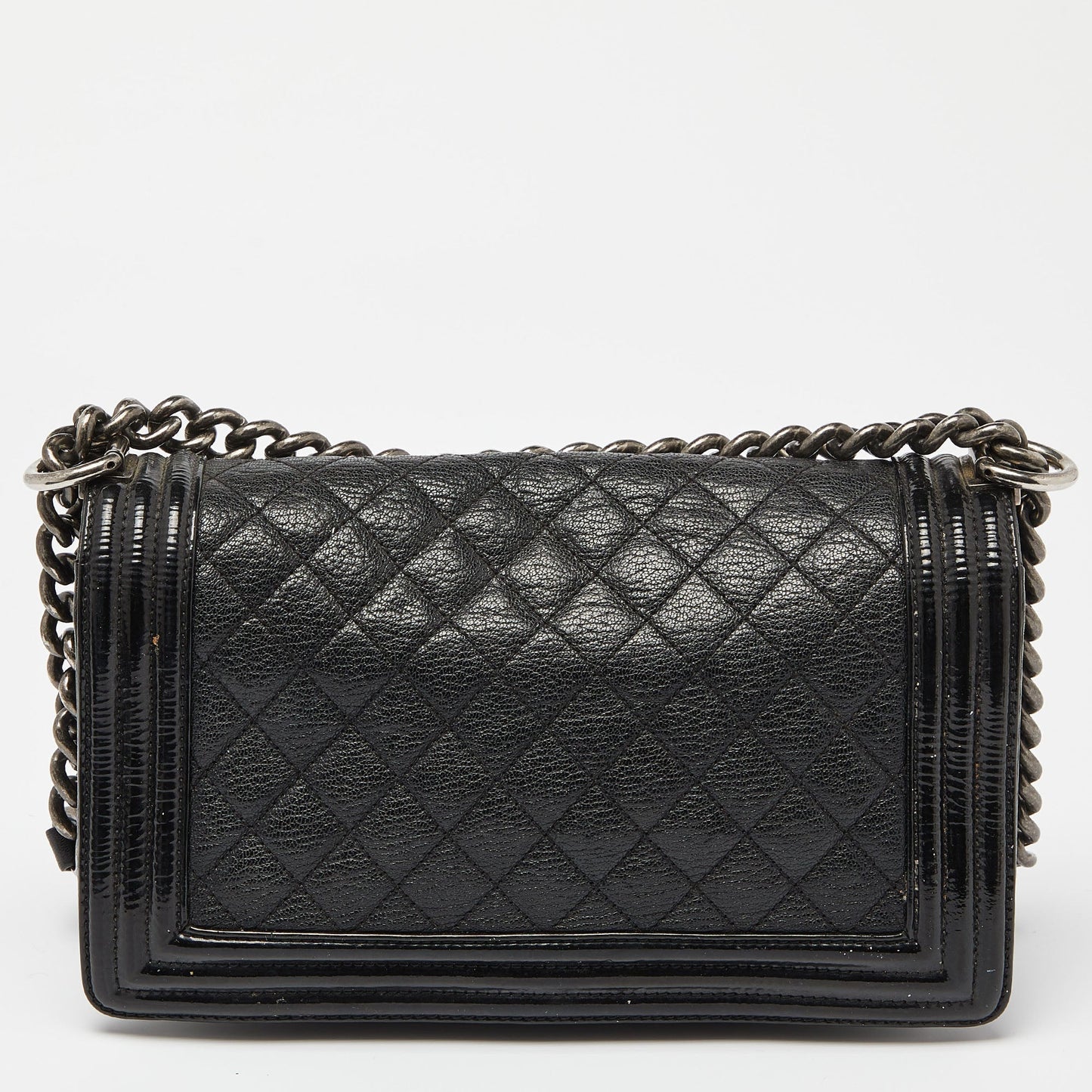 CHANEL Black Quilted Patent and Leather Medium Boy Flap Bag