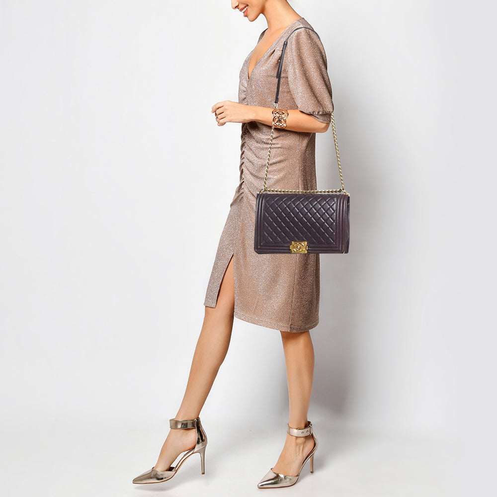 CHANEL Plum Quilted Leather New Medium Boy Shoulder Bag