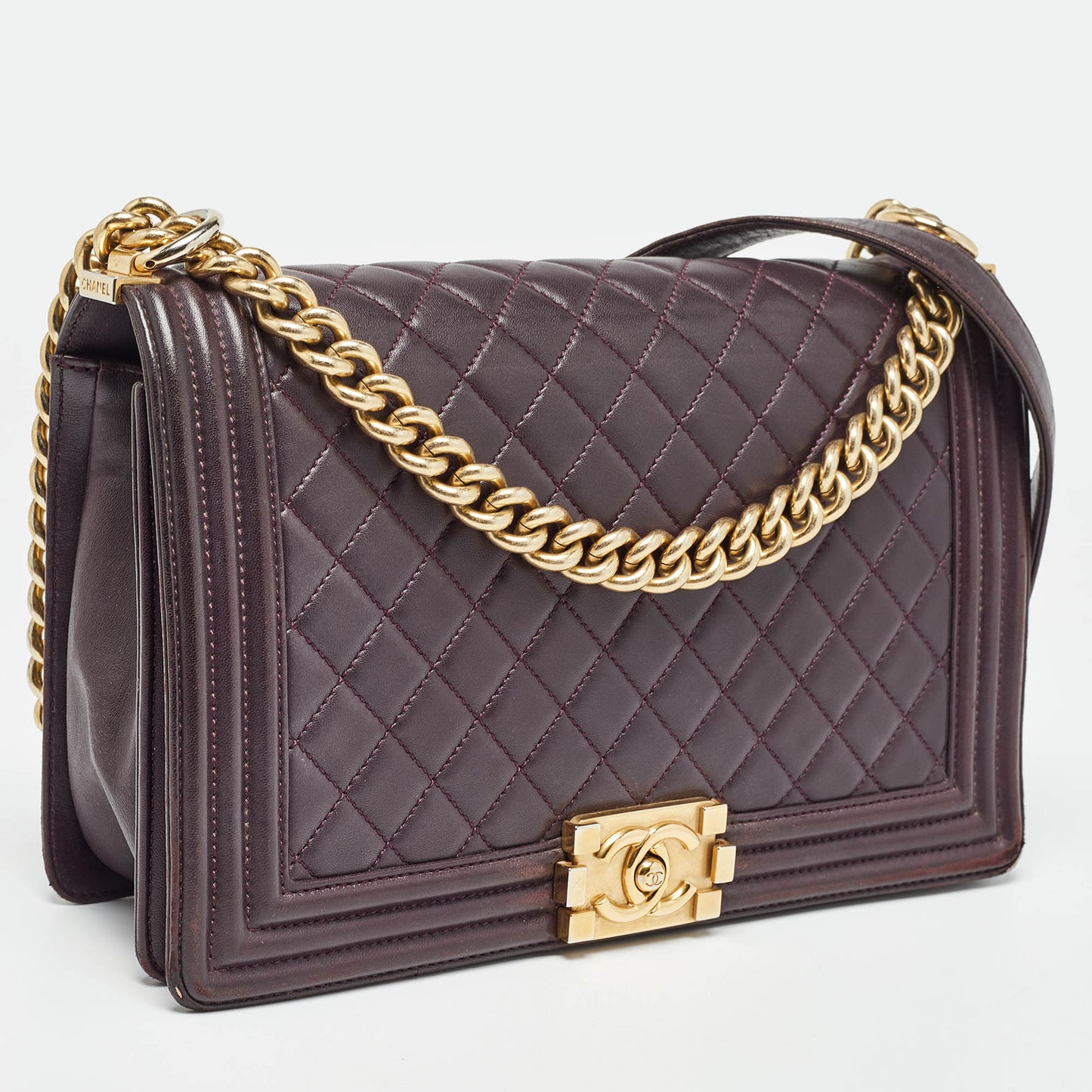 CHANEL Plum Quilted Leather New Medium Boy Shoulder Bag