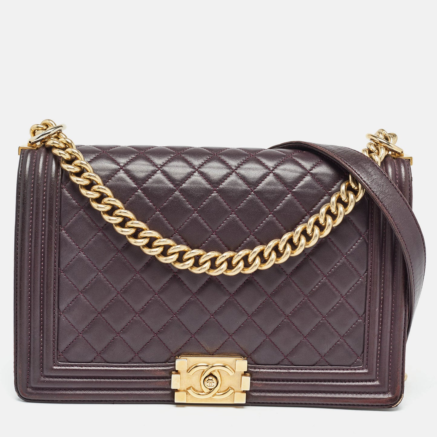 CHANEL Plum Quilted Leather New Medium Boy Shoulder Bag