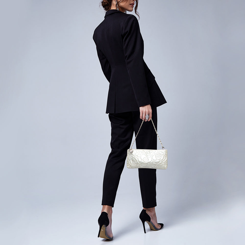 CHANEL Silver Leather Camellia Pochette