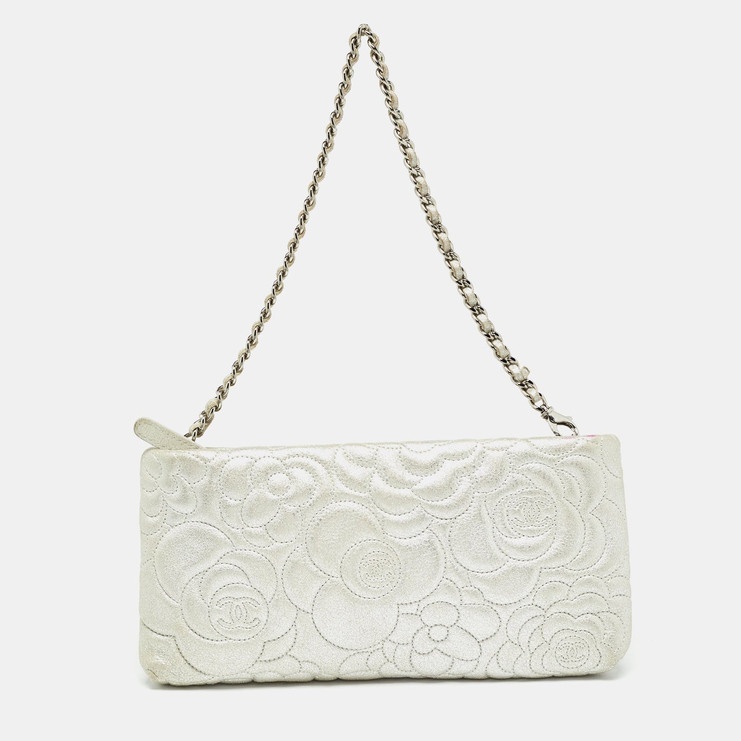CHANEL Silver Leather Camellia Pochette