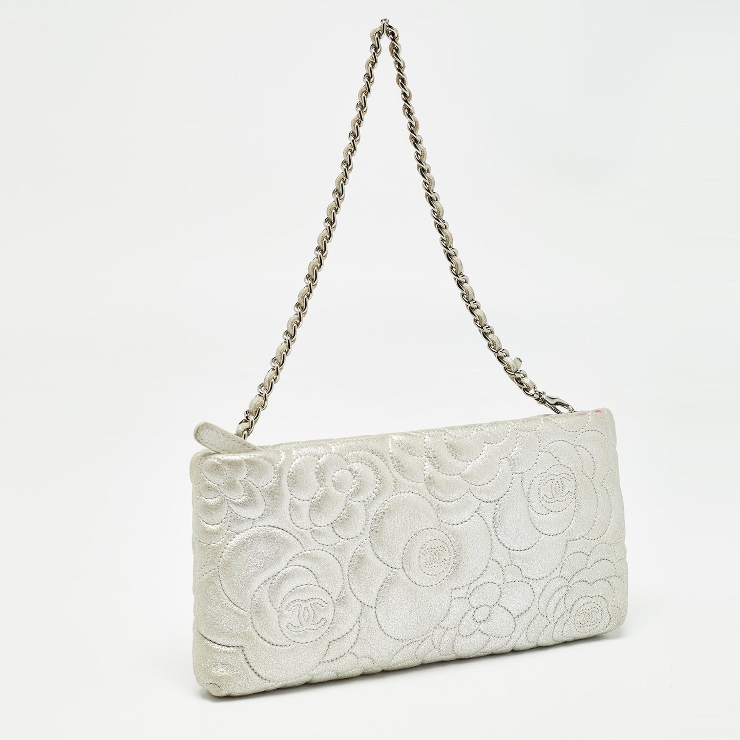 CHANEL Silver Leather Camellia Pochette