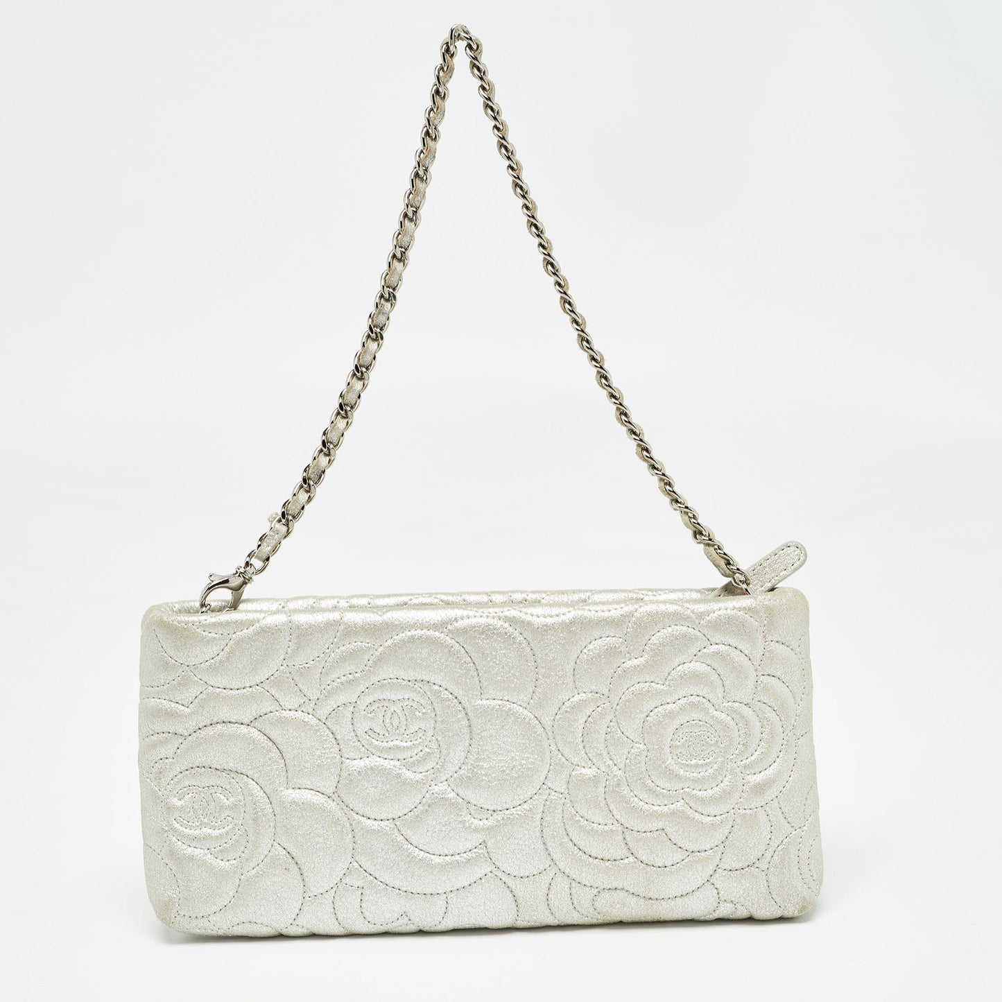 CHANEL Silver Leather Camellia Pochette