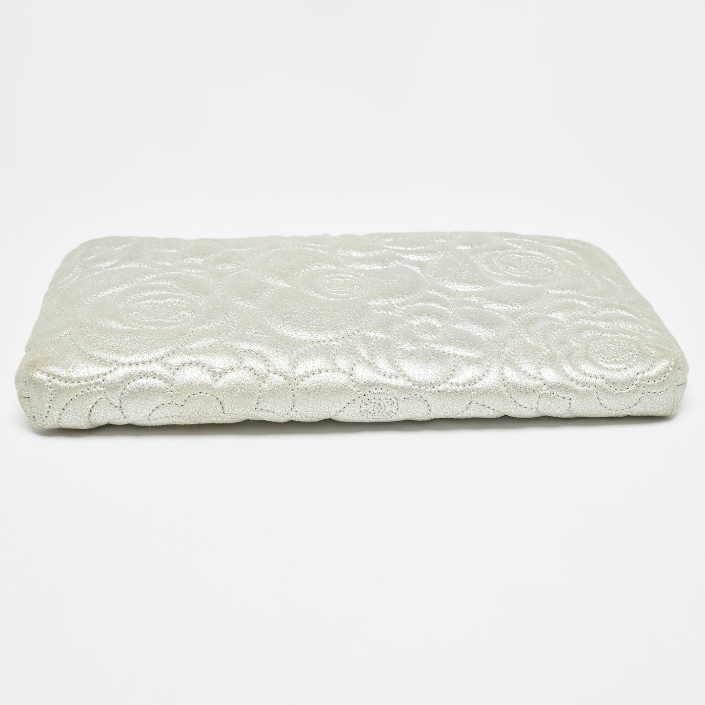 CHANEL Silver Leather Camellia Pochette