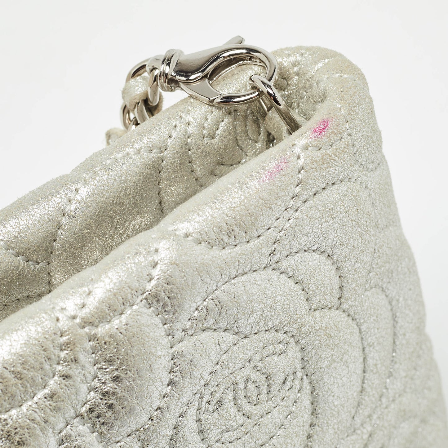 CHANEL Silver Leather Camellia Pochette