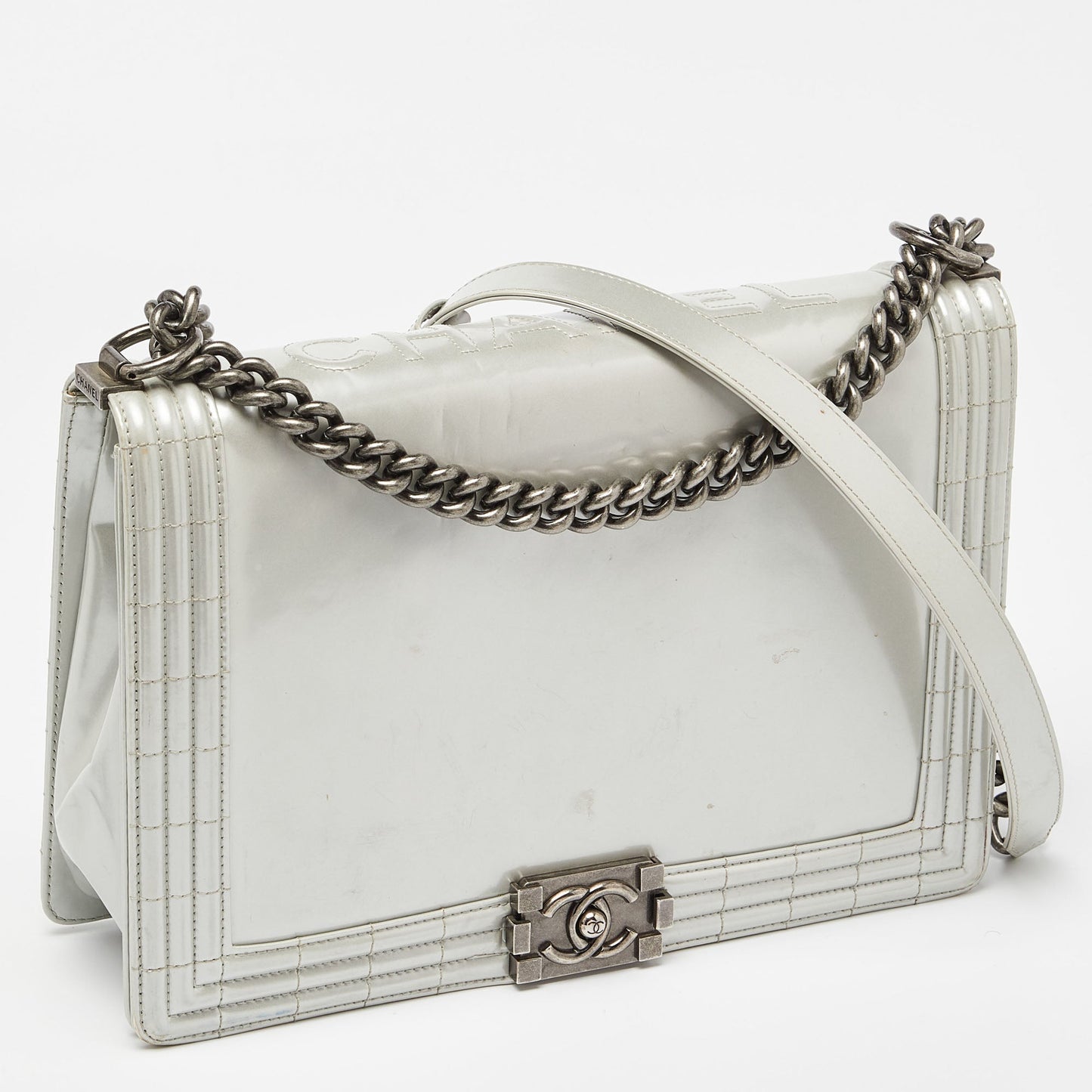 CHANEL Grey Patent Leather Large Reverso Boy Flap Bag