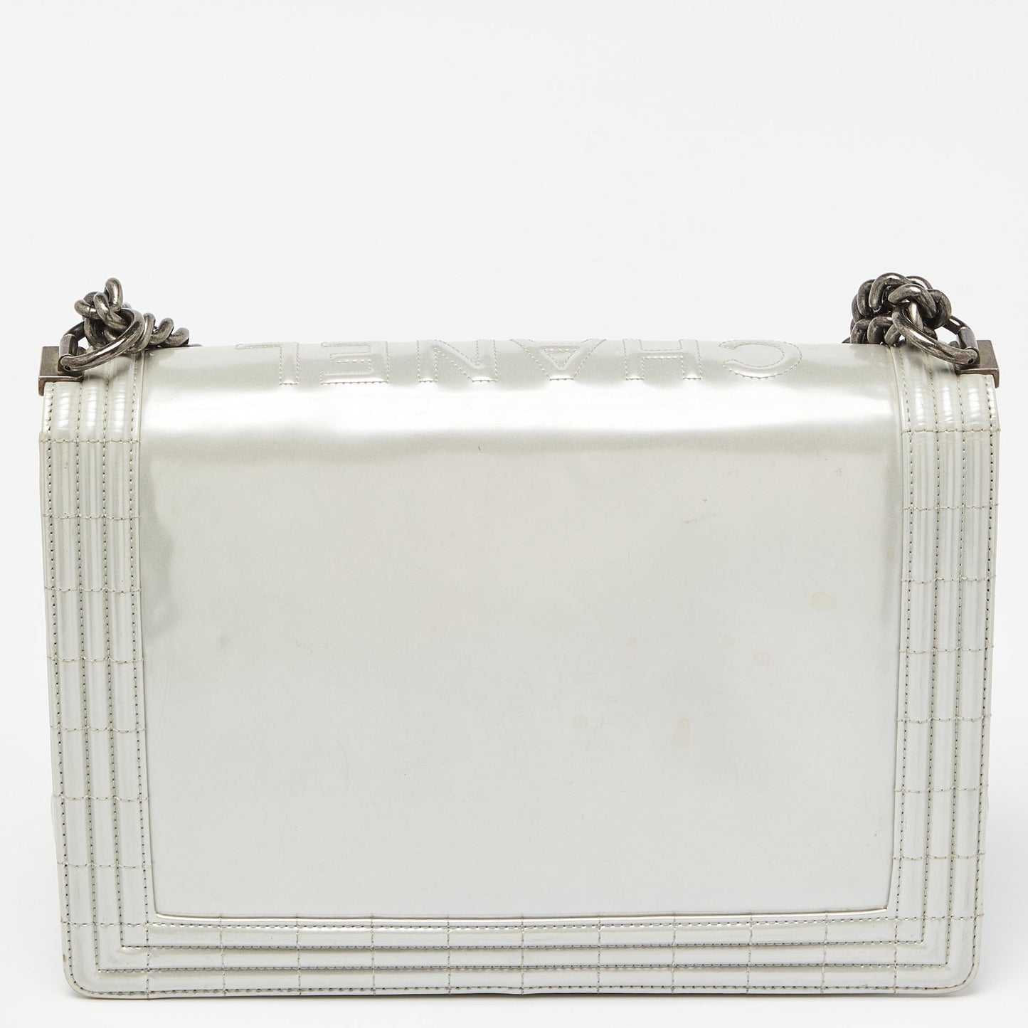 CHANEL Grey Patent Leather Large Reverso Boy Flap Bag