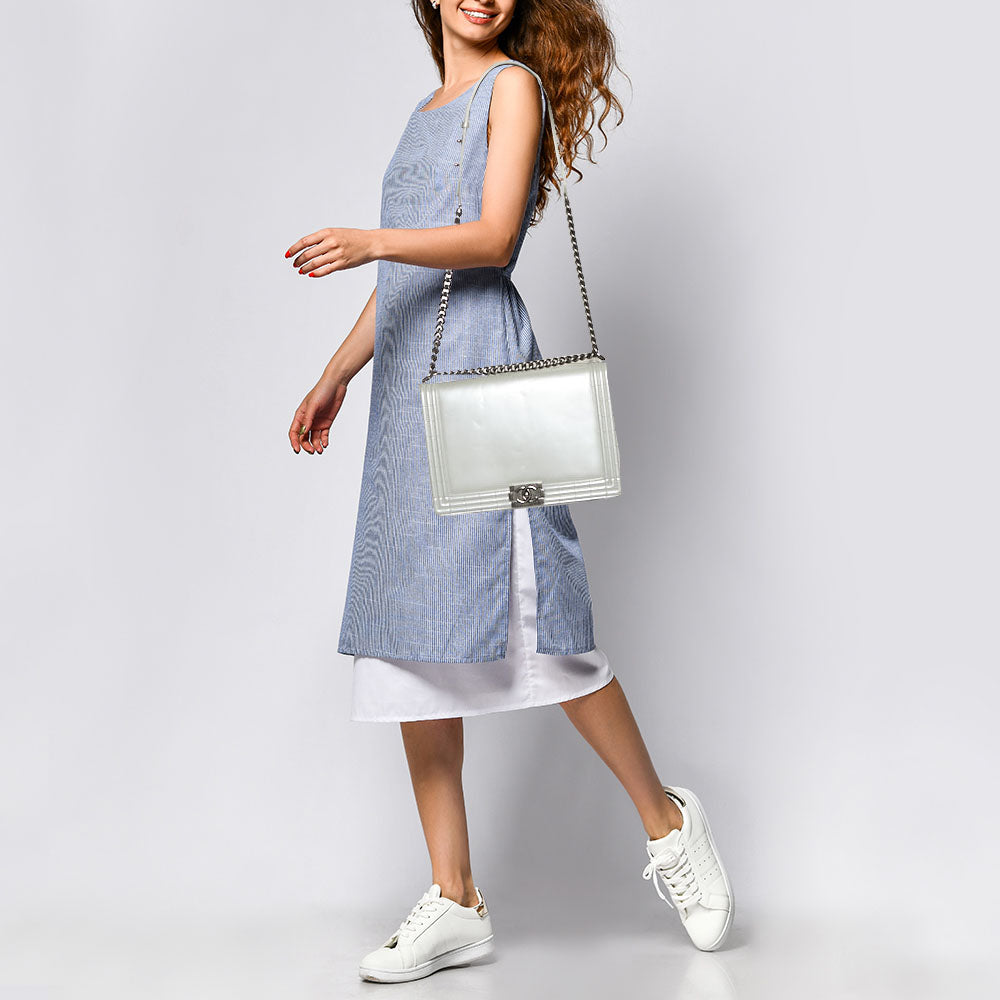 CHANEL Grey Patent Leather Large Reverso Boy Flap Bag