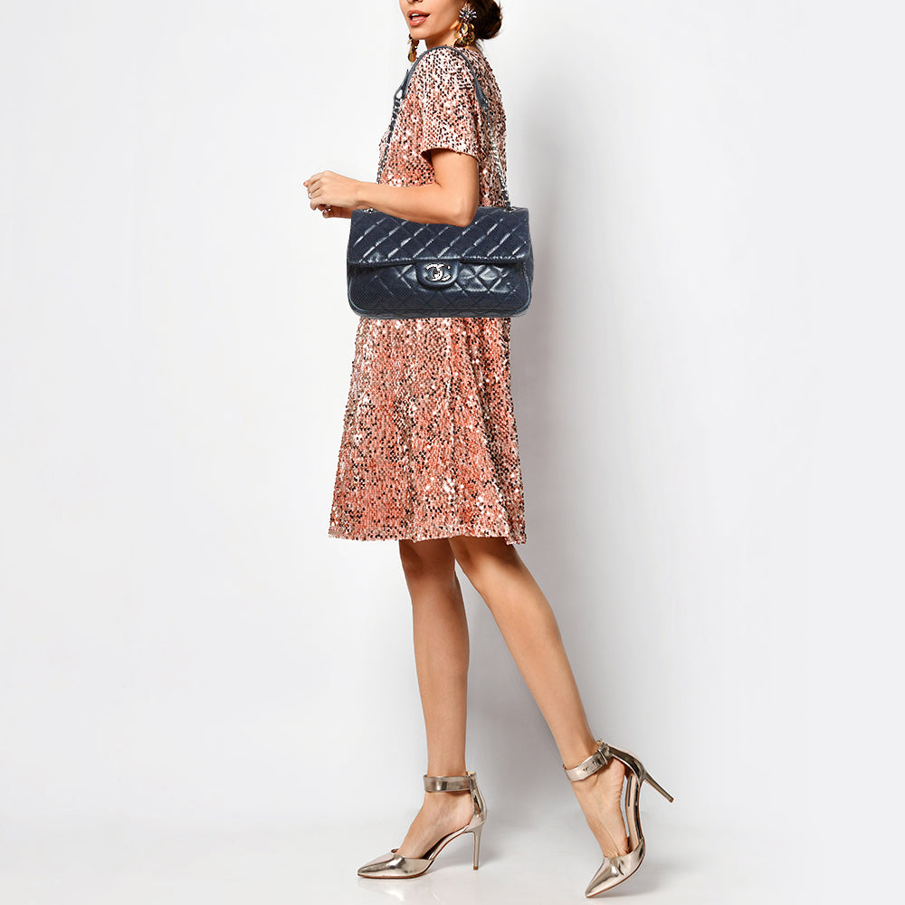 CHANEL Navy Blue Perforated Leather Punch Flap Bag