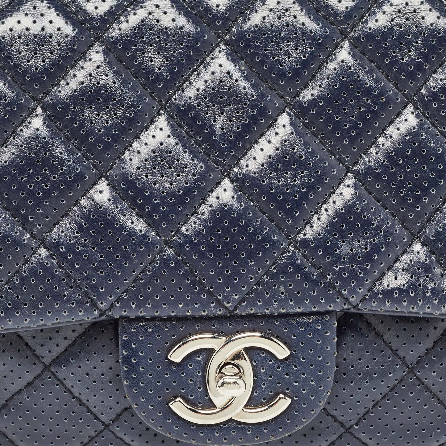 CHANEL Navy Blue Perforated Leather Punch Flap Bag