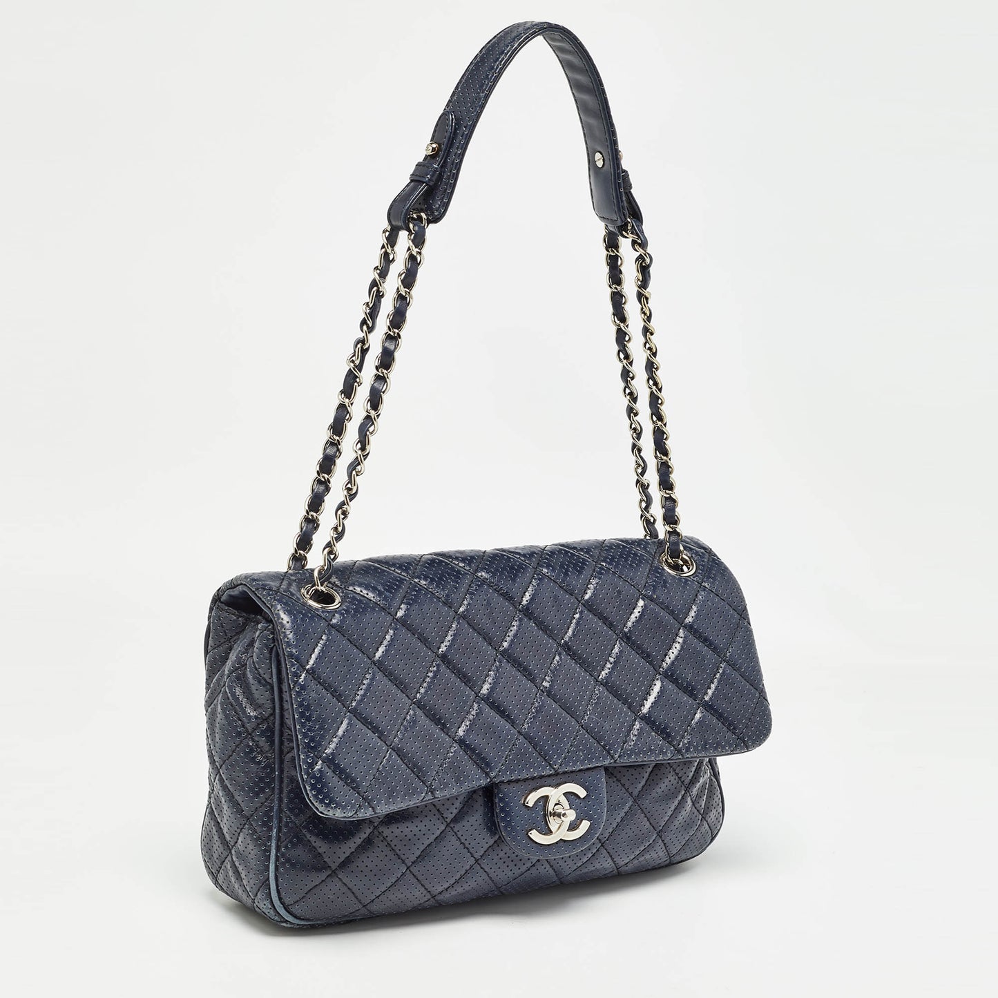 CHANEL Navy Blue Perforated Leather Punch Flap Bag