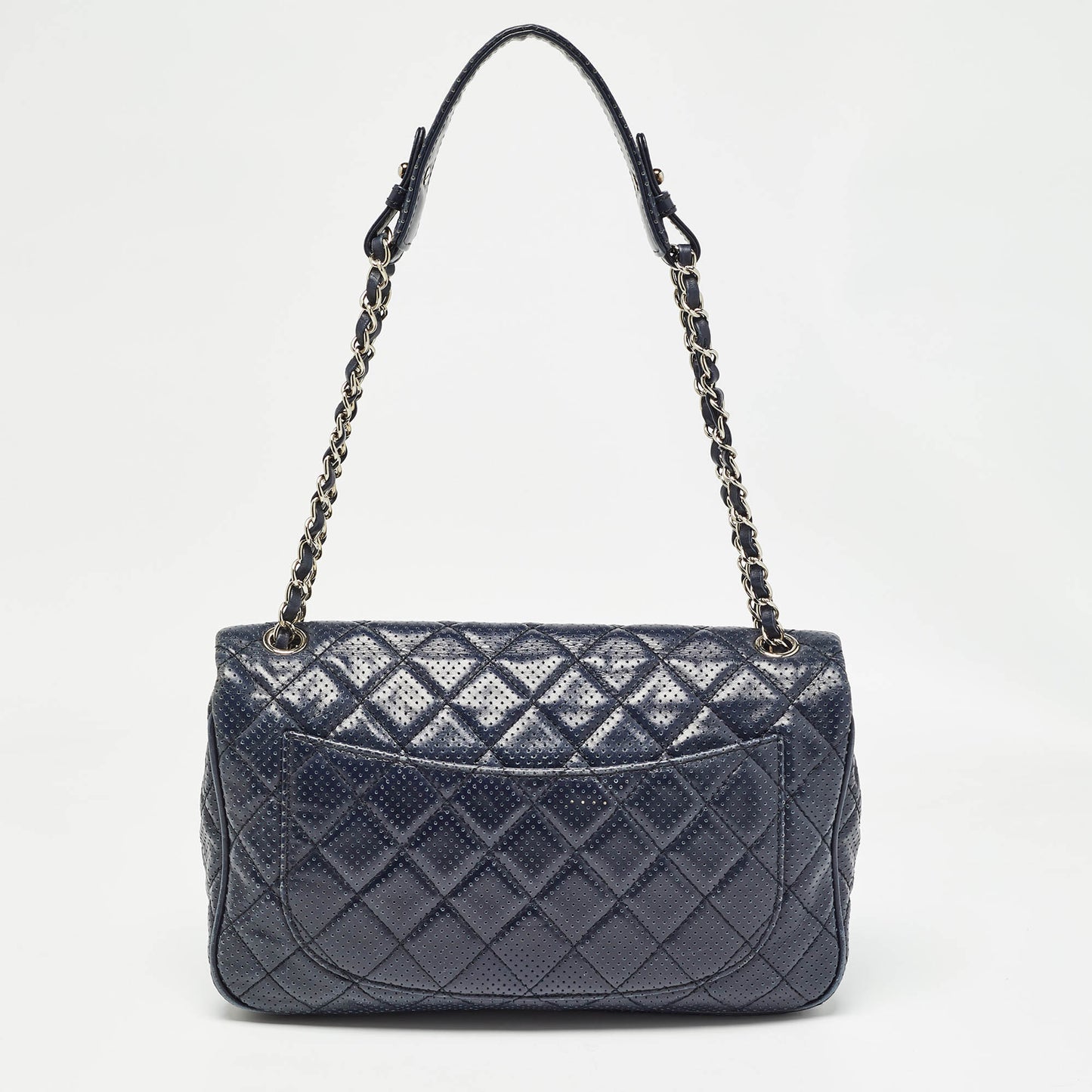 CHANEL Navy Blue Perforated Leather Punch Flap Bag