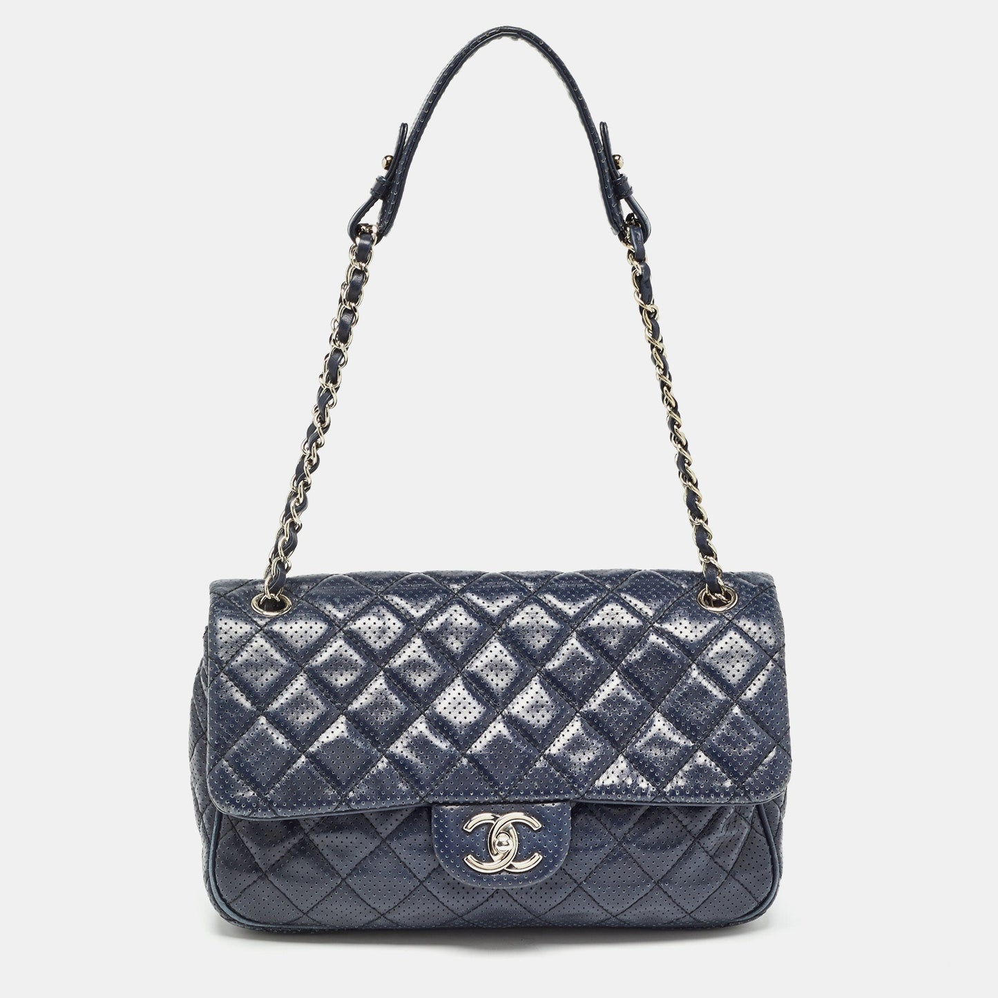 CHANEL Navy Blue Perforated Leather Punch Flap Bag