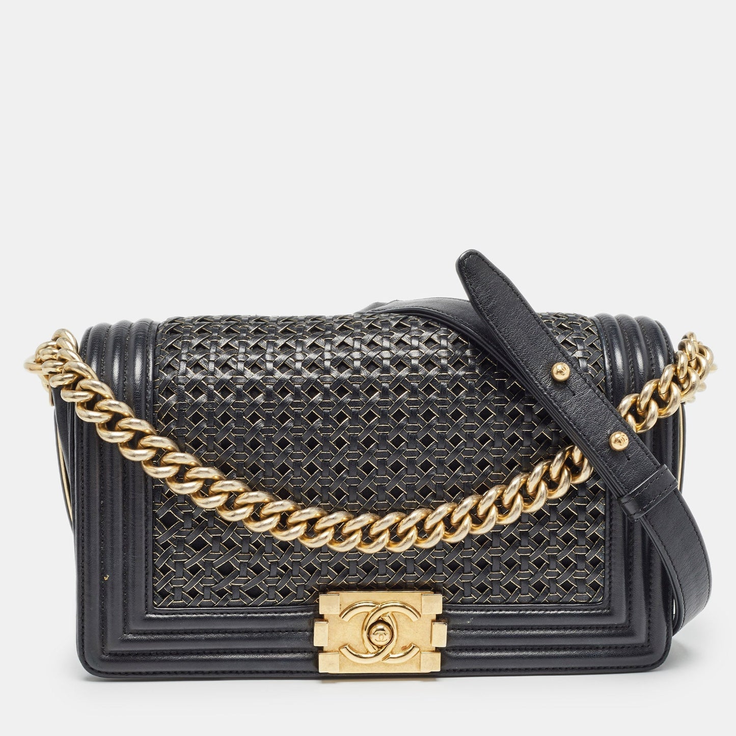 CHANEL Black/Gold Woven Leather Medium Boy Flap Bag