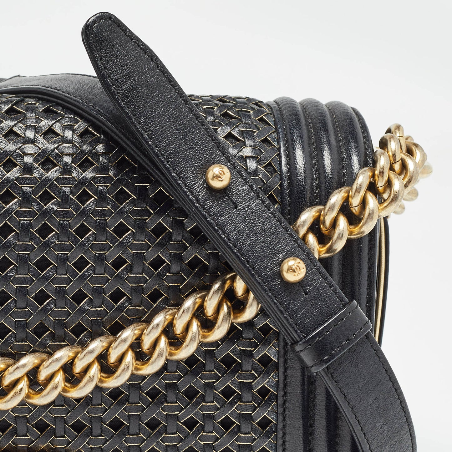 CHANEL Black/Gold Woven Leather Medium Boy Flap Bag