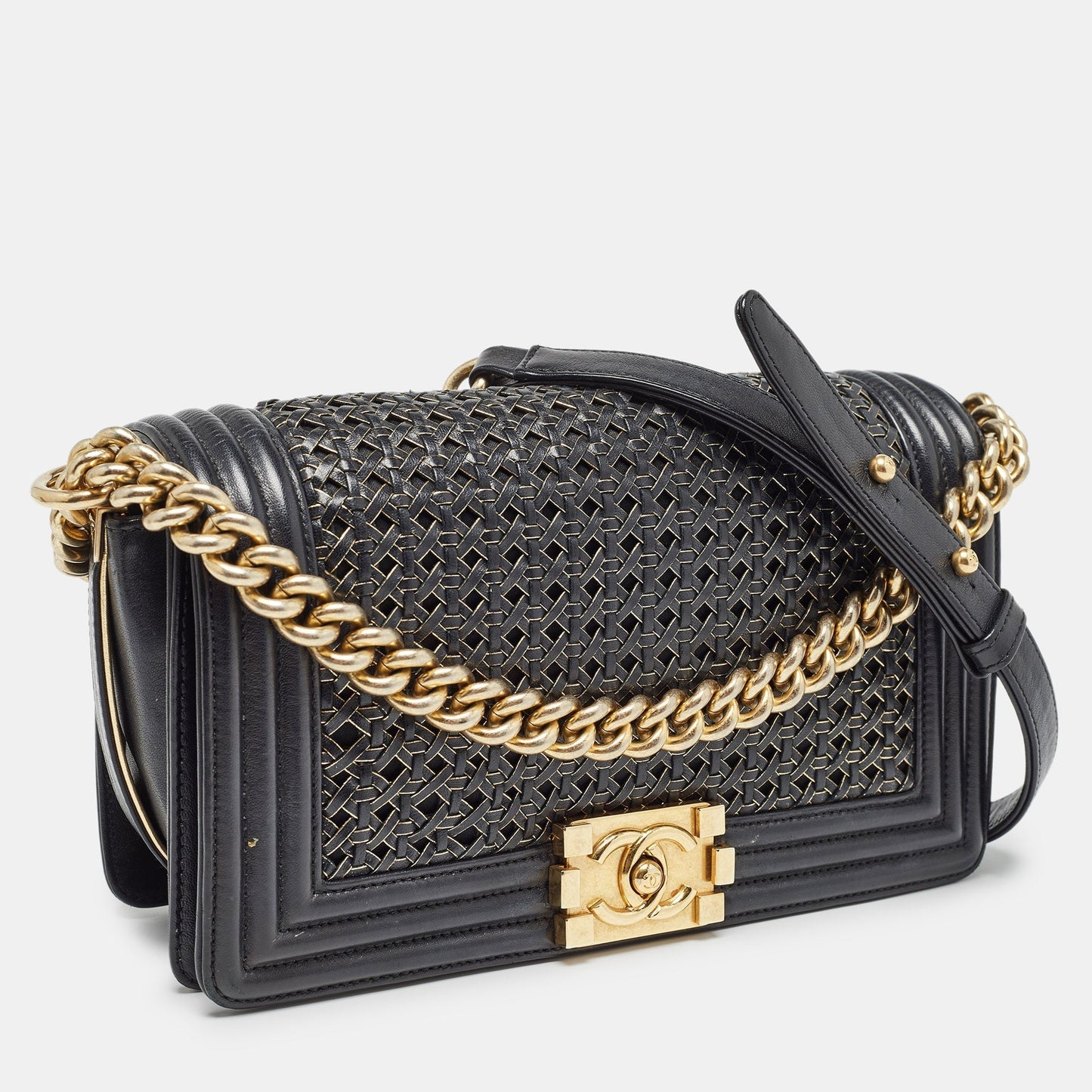 CHANEL Black/Gold Woven Leather Medium Boy Flap Bag