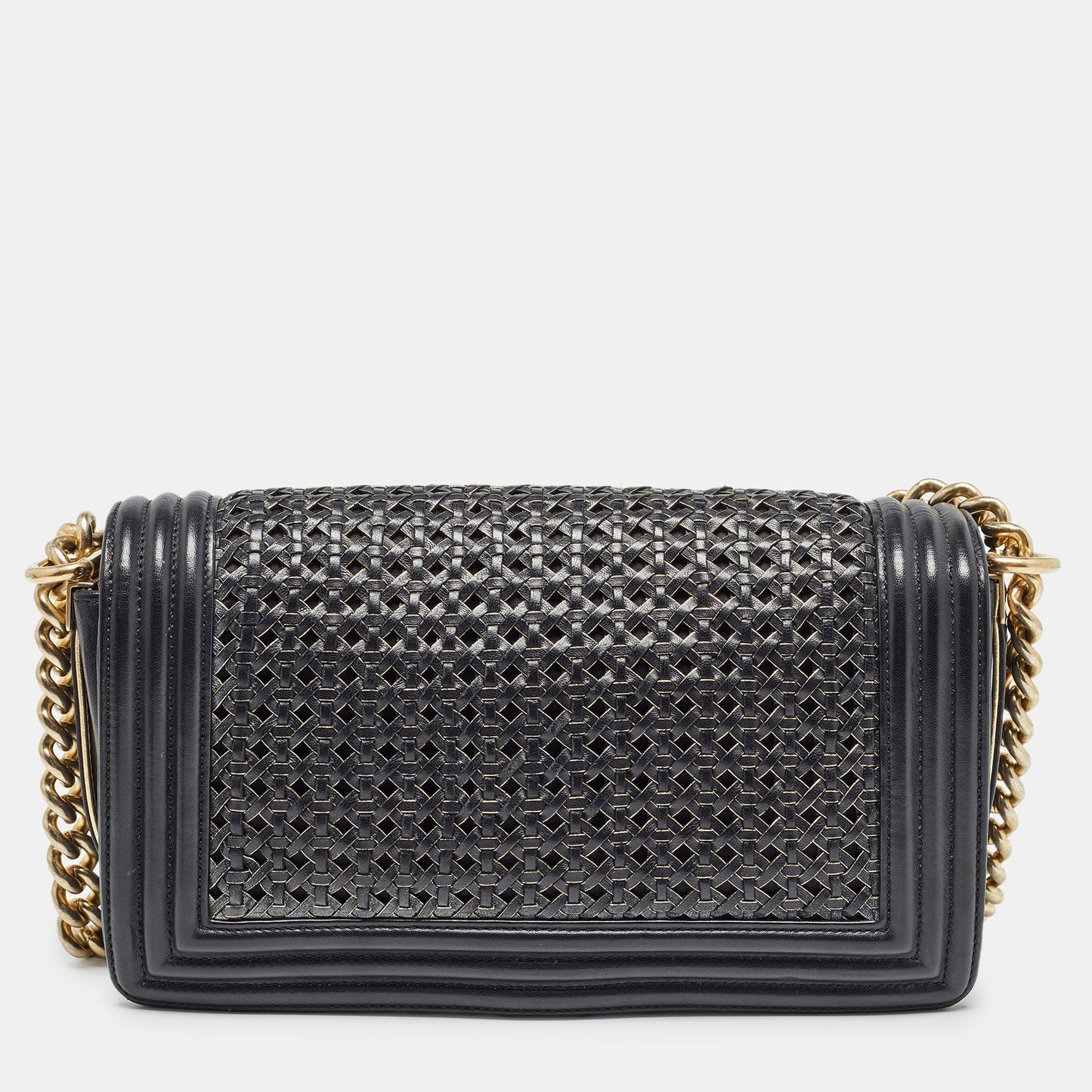 CHANEL Black/Gold Woven Leather Medium Boy Flap Bag