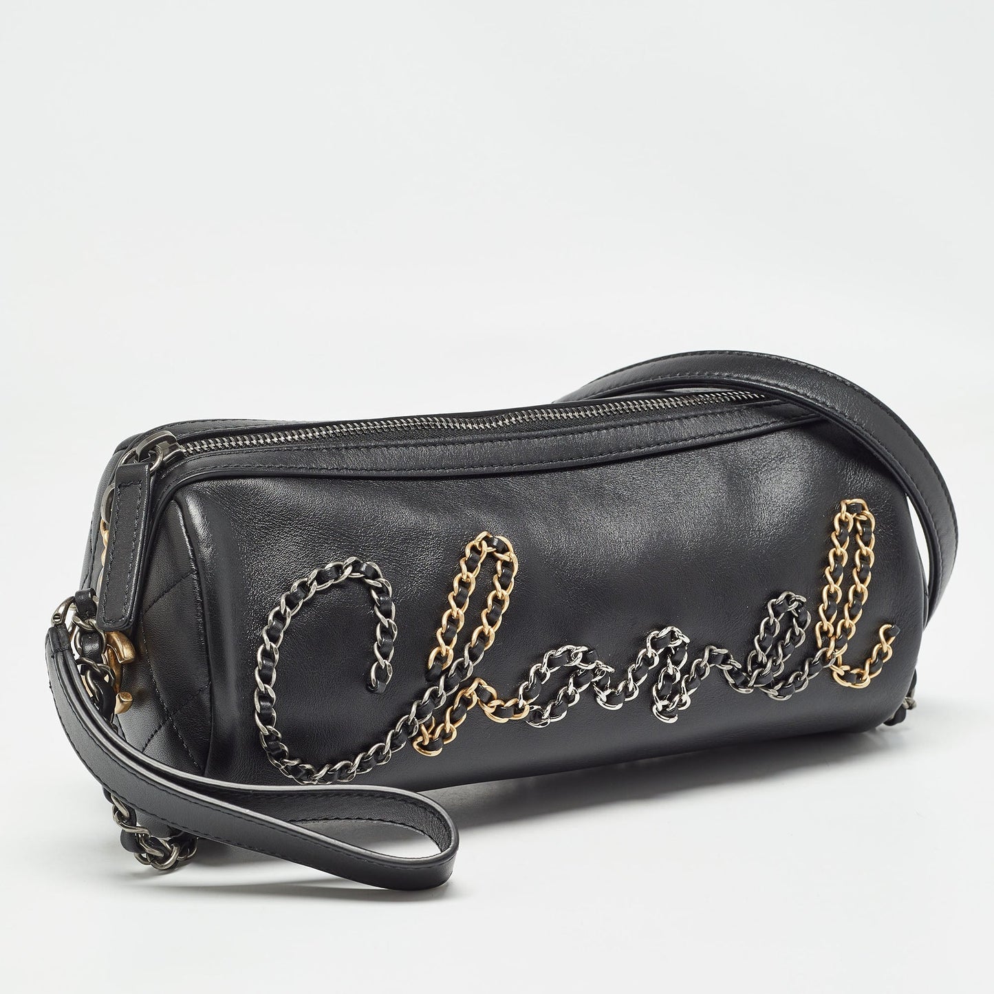 CHANEL  Black Leather Chain Signature Bowler Bag
