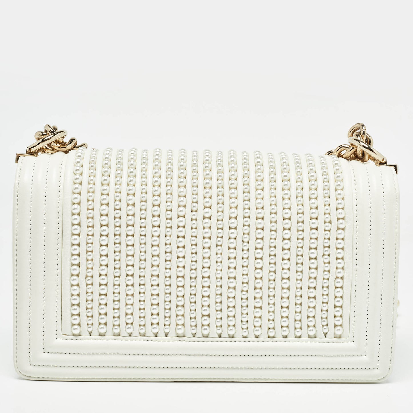 CHANEL White Pearl Embellished Leather Medium Boy Flap Bag