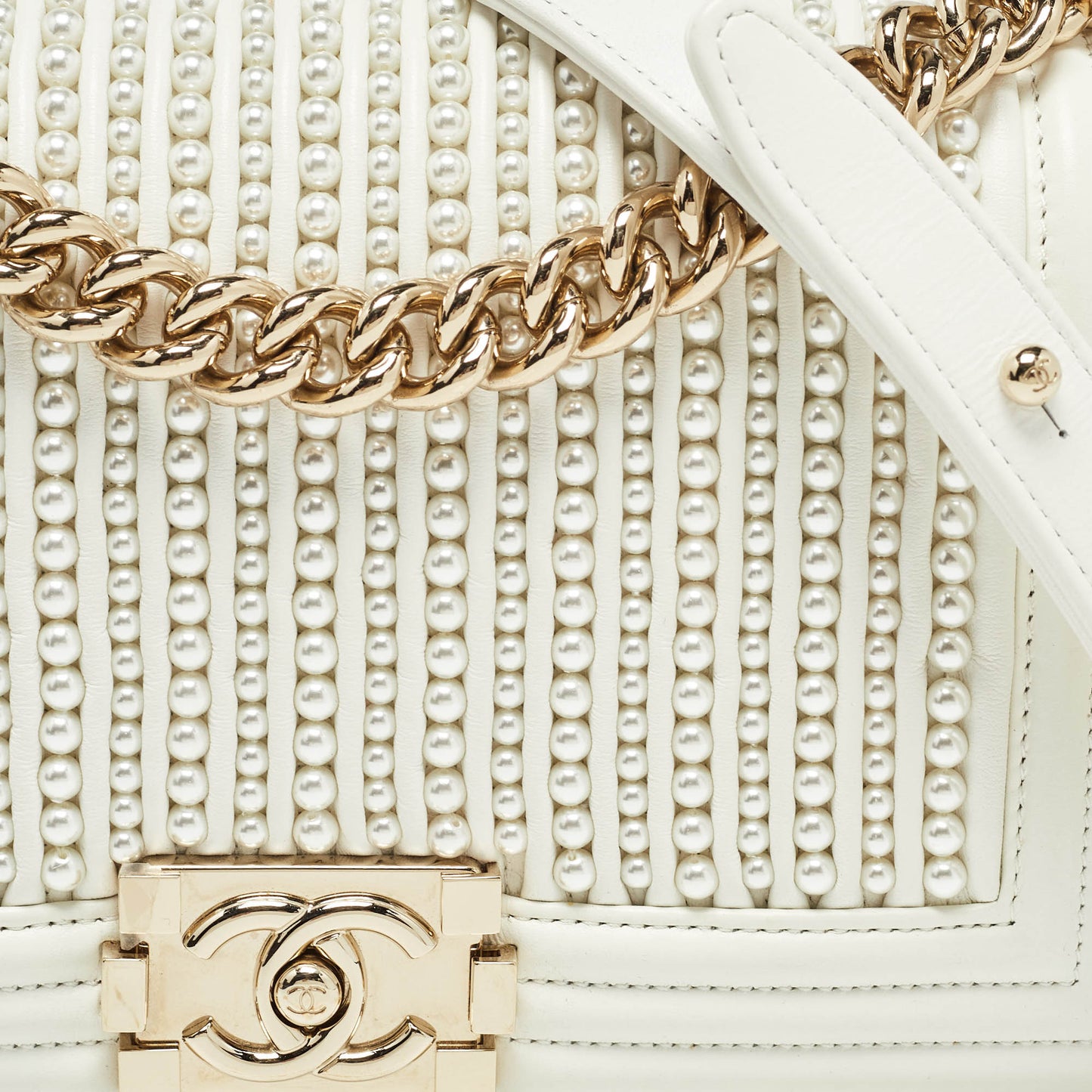 CHANEL White Pearl Embellished Leather Medium Boy Flap Bag