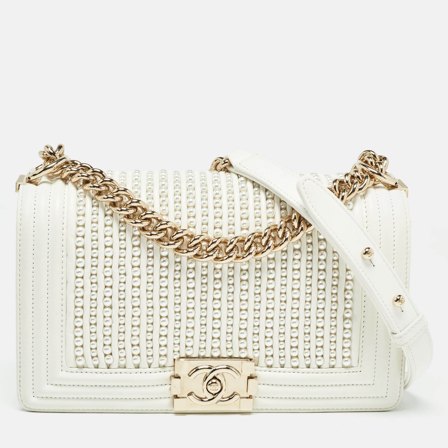 CHANEL White Pearl Embellished Leather Medium Boy Flap Bag