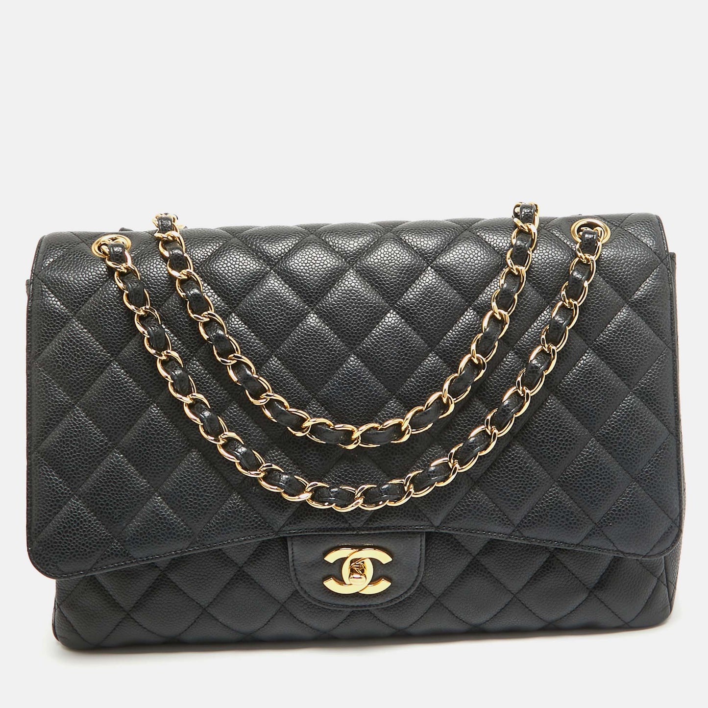 CHANEL Black Quilted Caviar Leather Maxi Classic Single Flap Bag