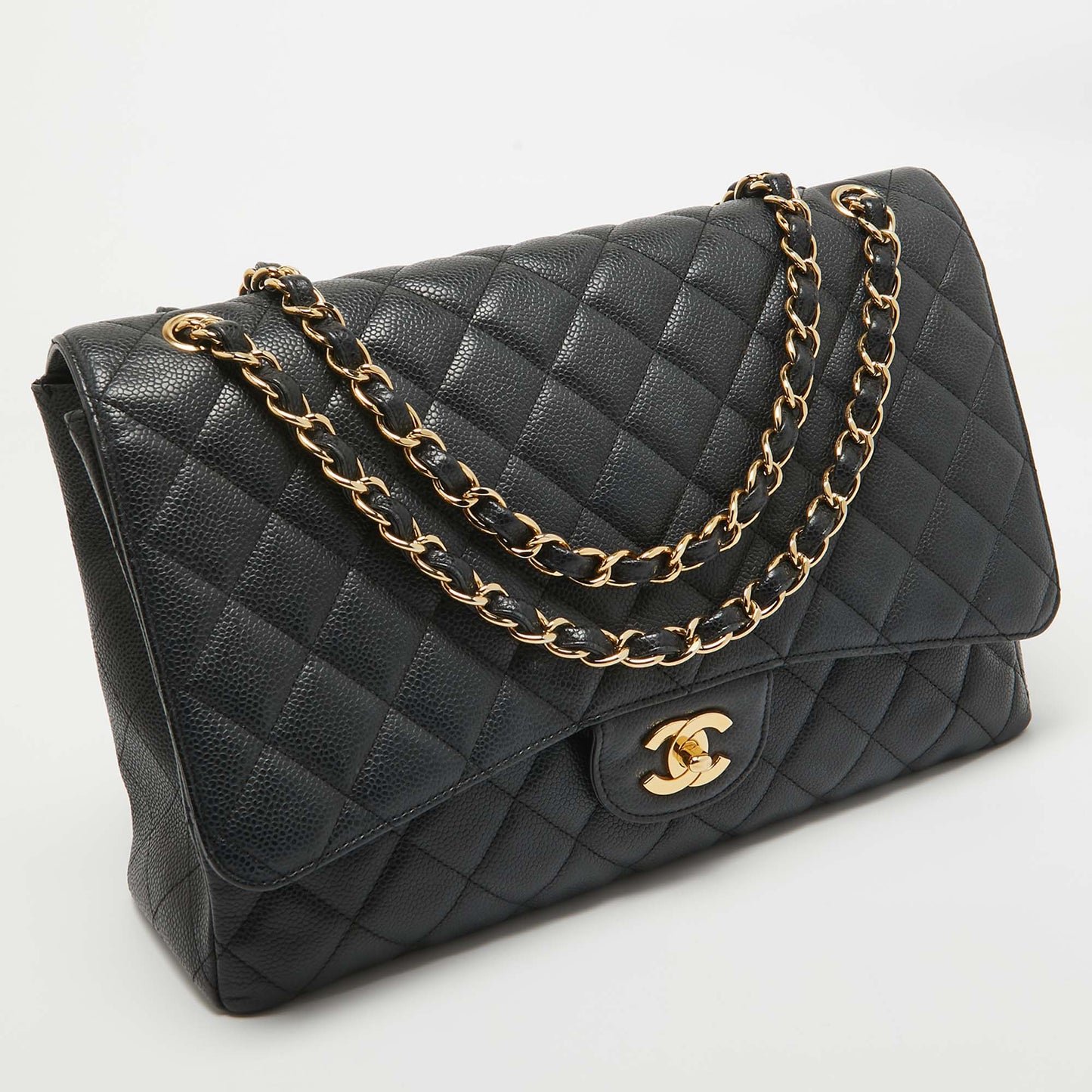 CHANEL Black Quilted Caviar Leather Maxi Classic Single Flap Bag
