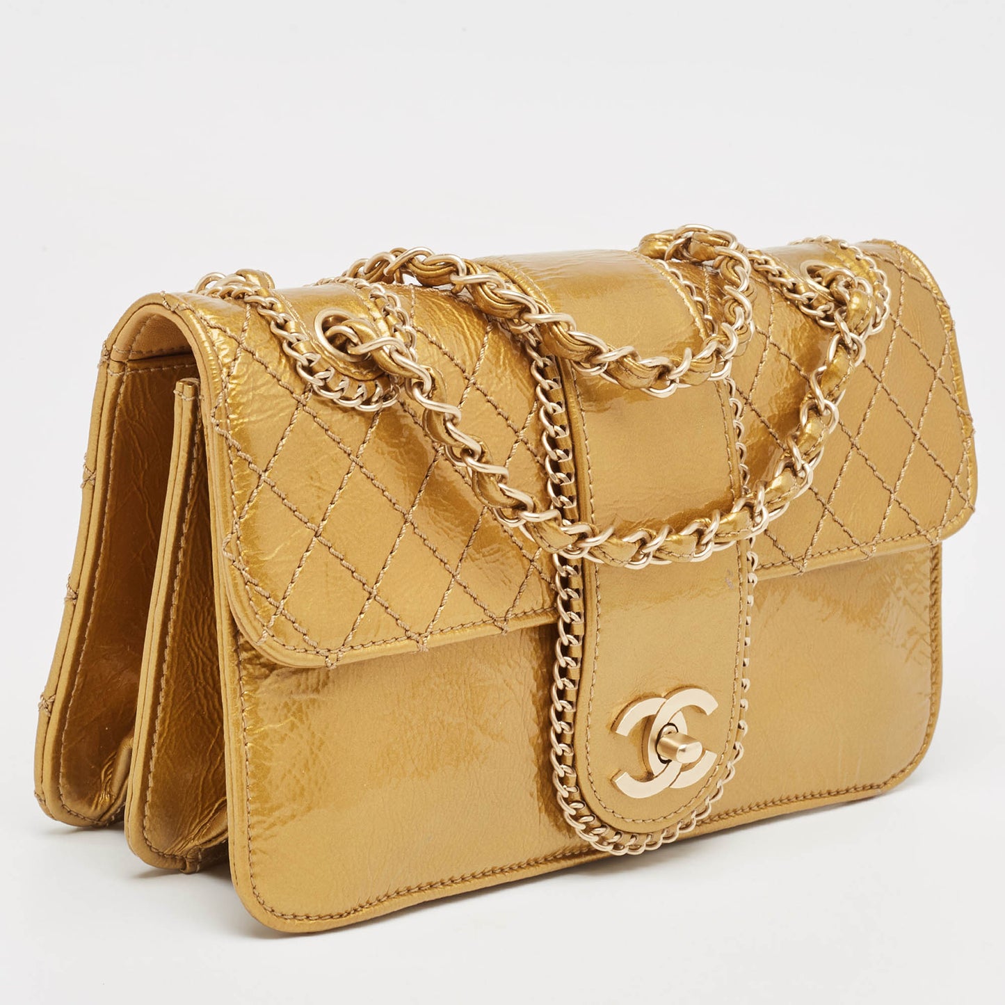 CHANEL Gold Quilted Patent Leather Medium Madison Flap Bag