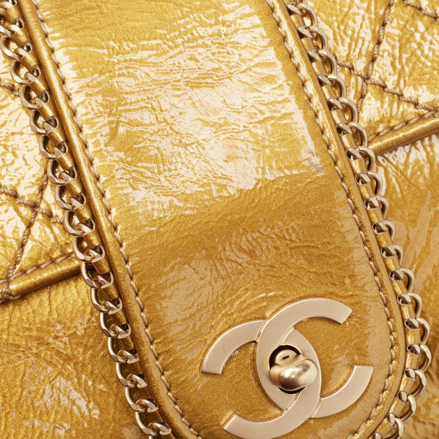 CHANEL Gold Quilted Patent Leather Medium Madison Flap Bag