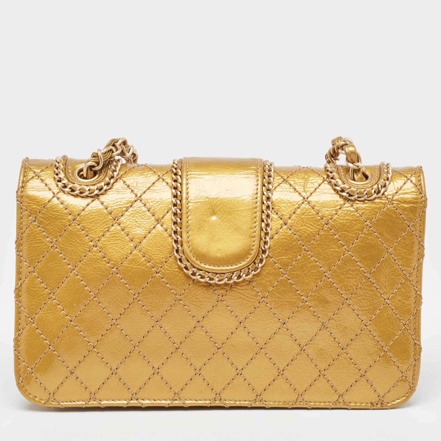 CHANEL Gold Quilted Patent Leather Medium Madison Flap Bag