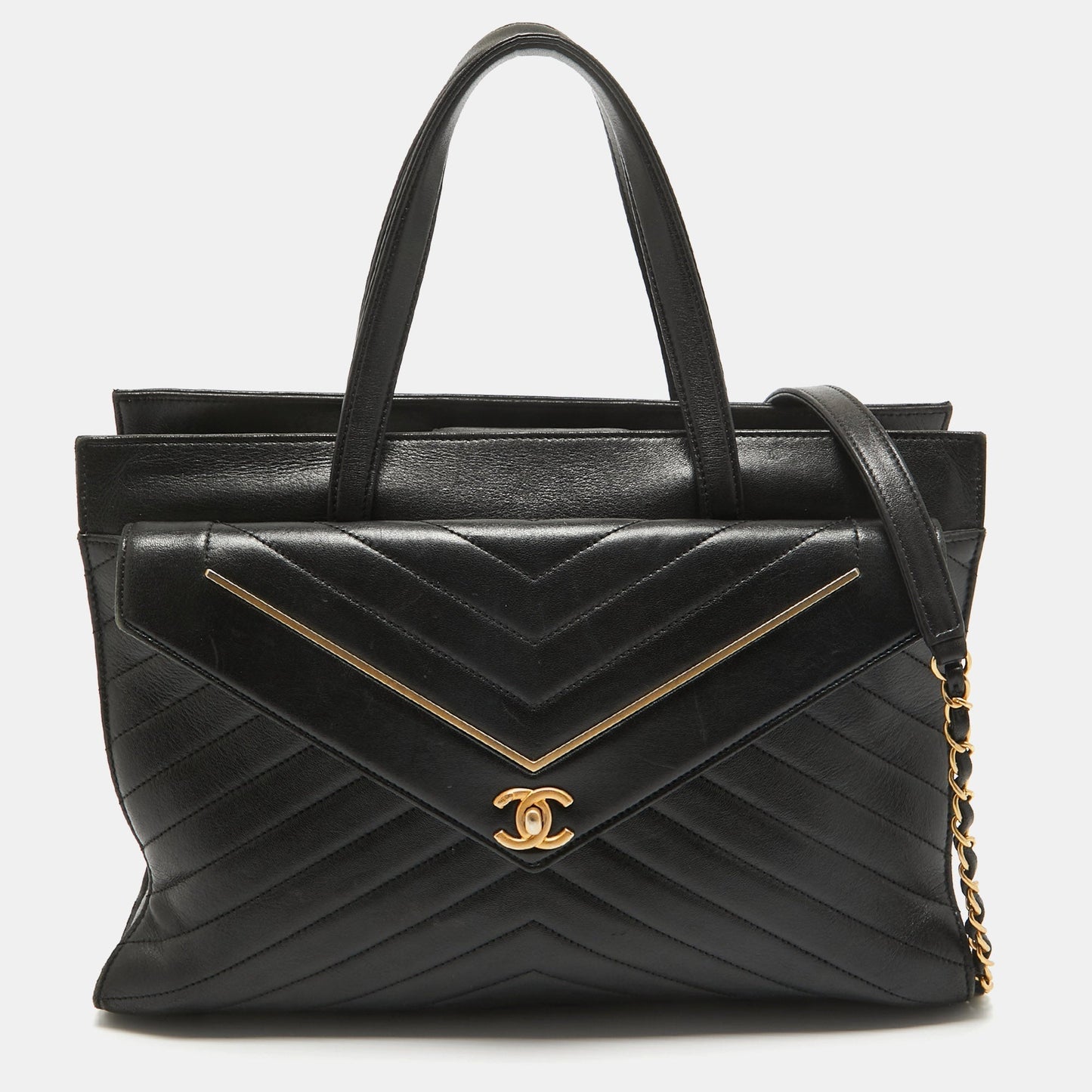 CHANEL Black/Gold Reversed Chevron Leather Shopper Tote