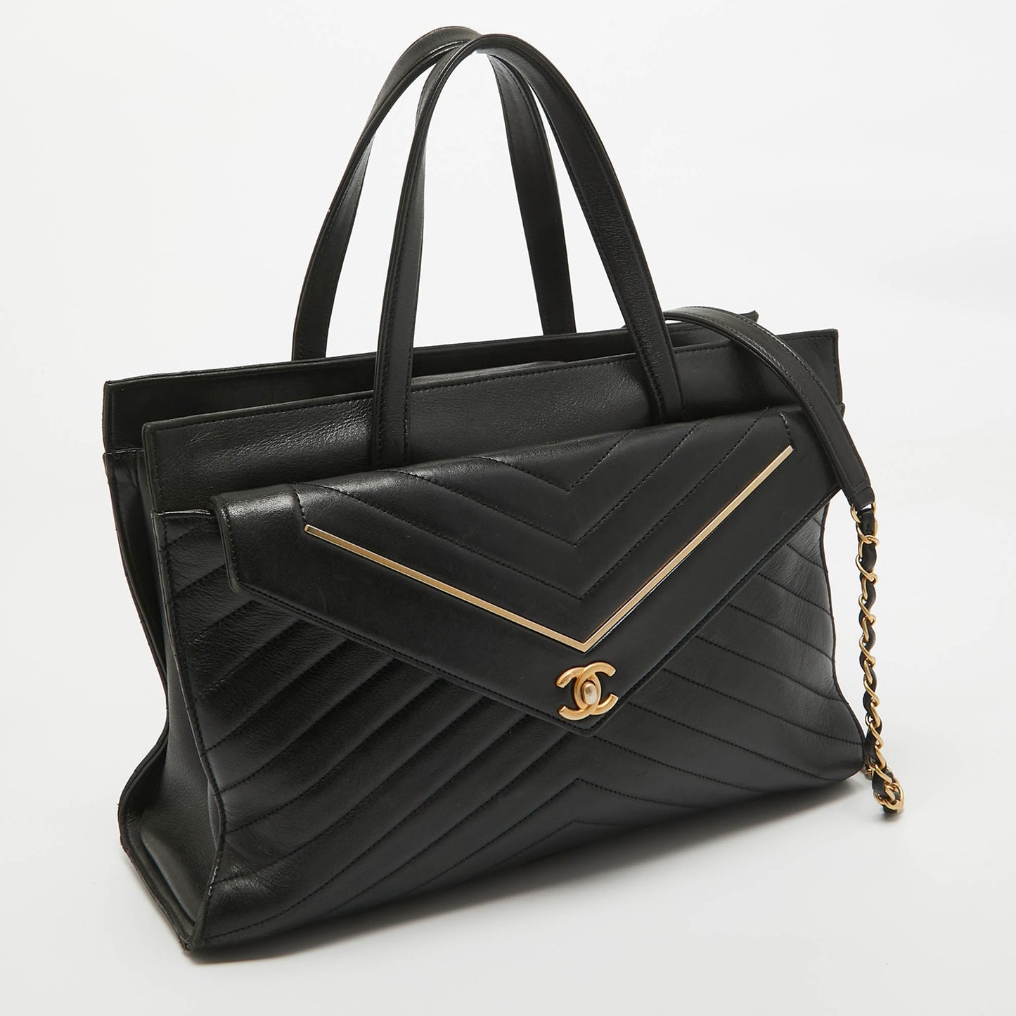 CHANEL Black/Gold Reversed Chevron Leather Shopper Tote