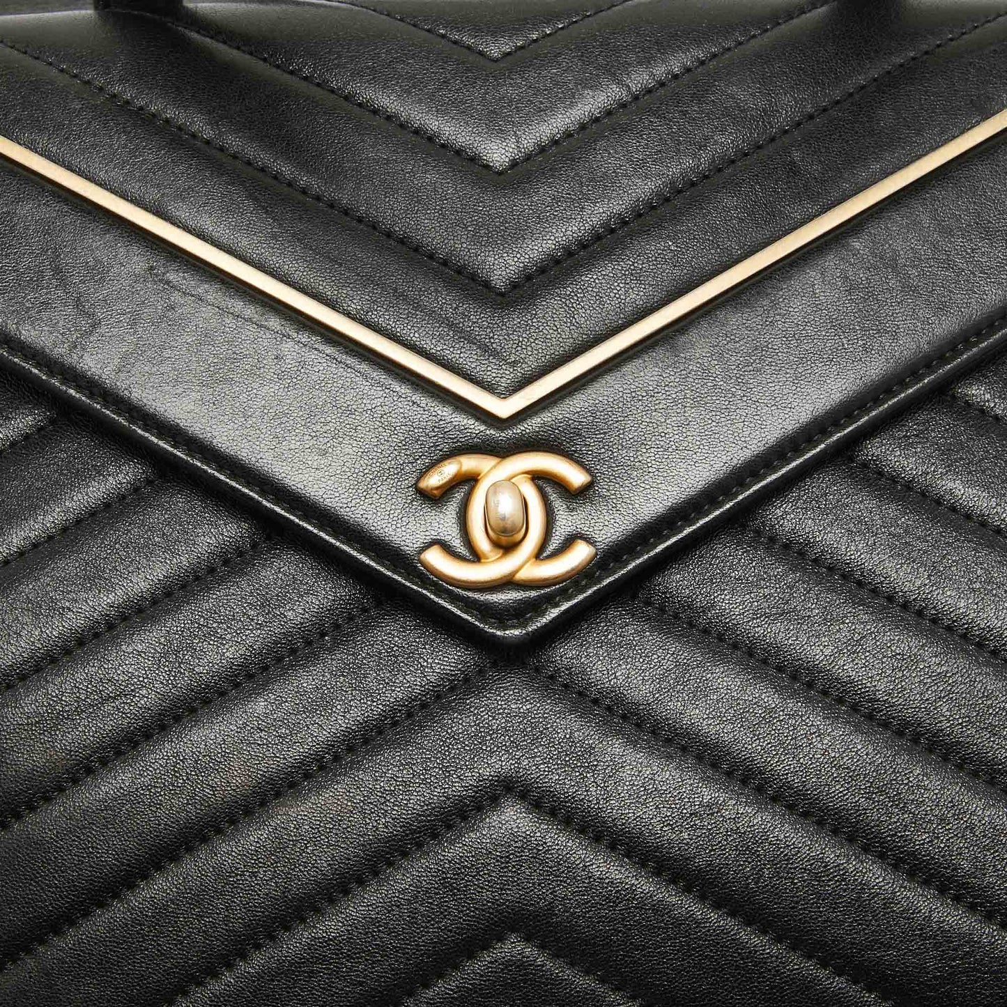 CHANEL Black/Gold Reversed Chevron Leather Shopper Tote