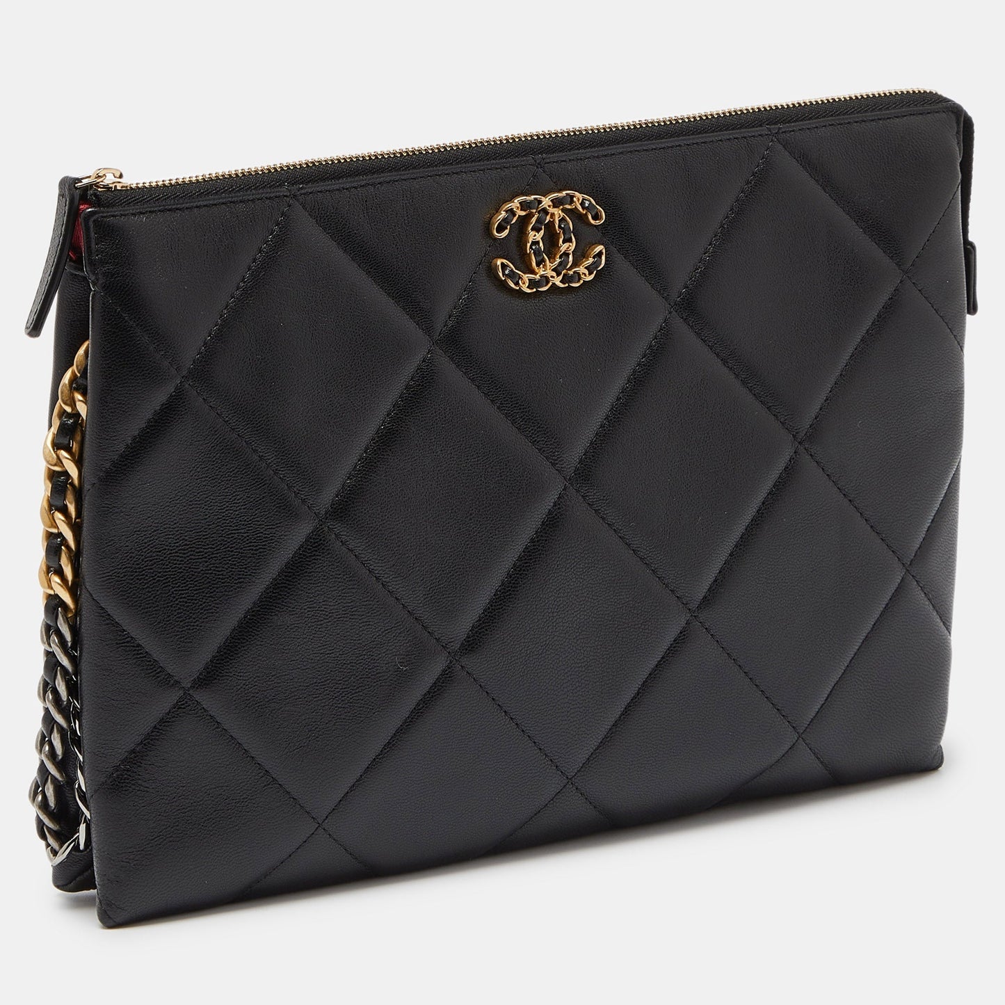 CHANEL Black Quilted Leather 19 Chain Wristlet Pouch