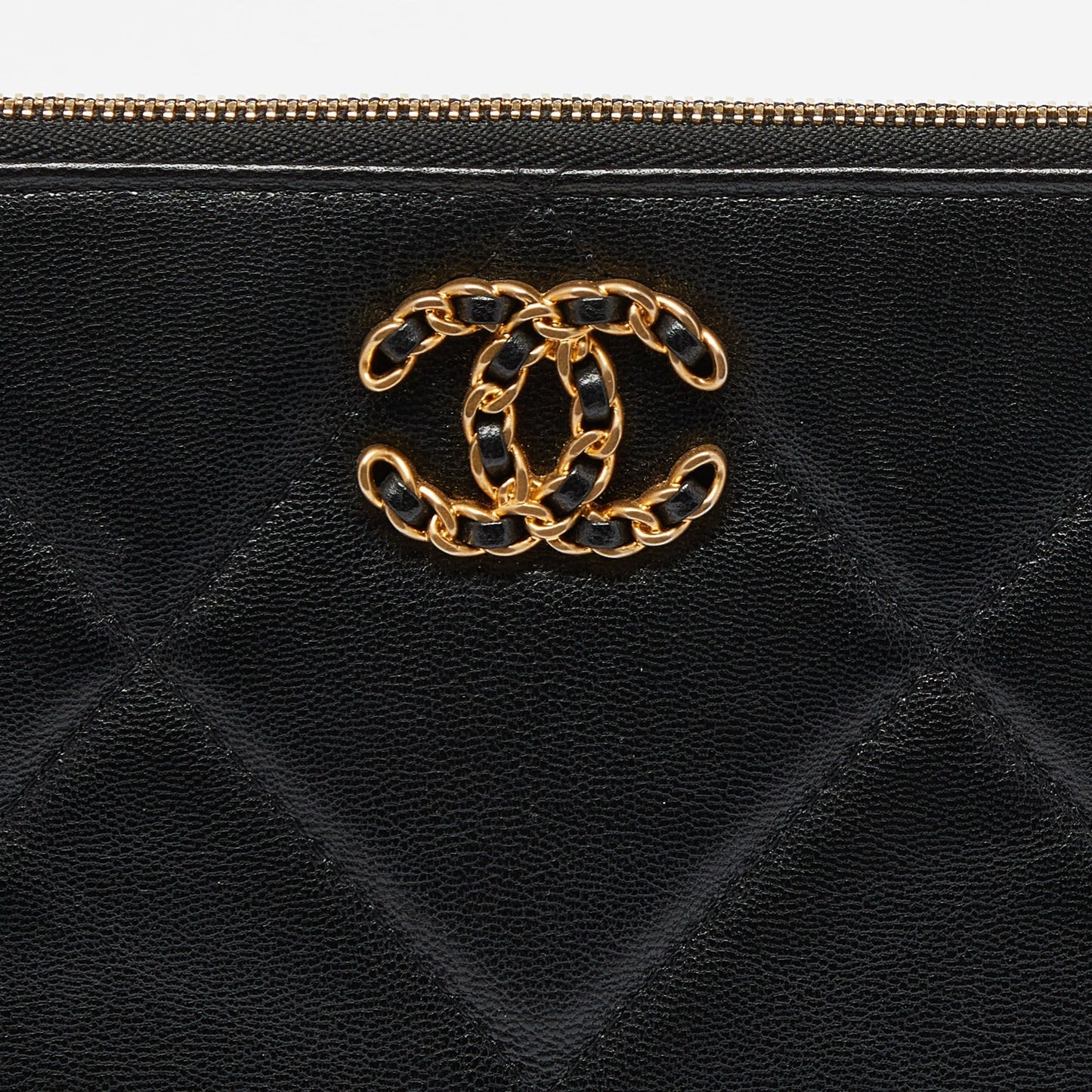 CHANEL Black Quilted Leather 19 Chain Wristlet Pouch