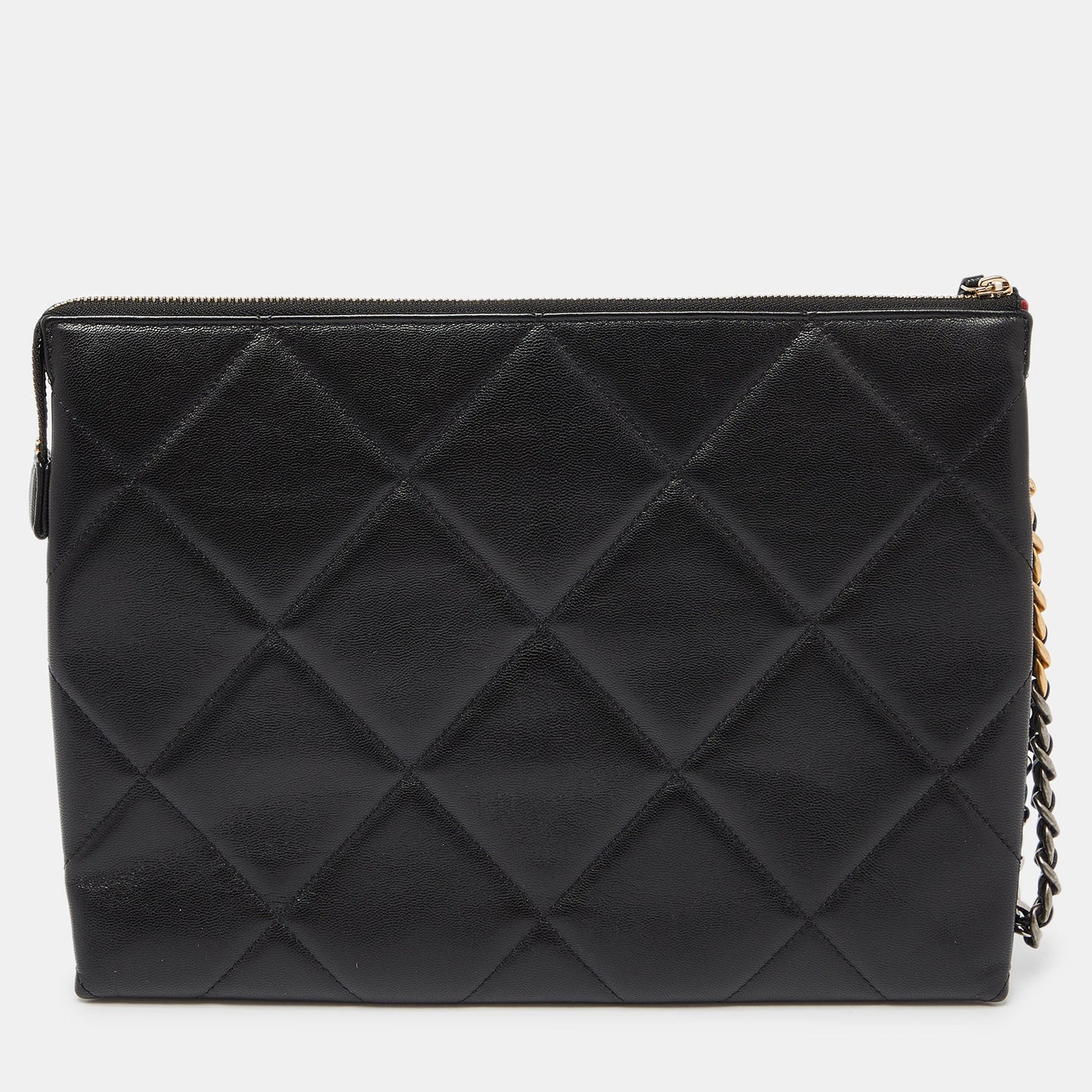 CHANEL Black Quilted Leather 19 Chain Wristlet Pouch