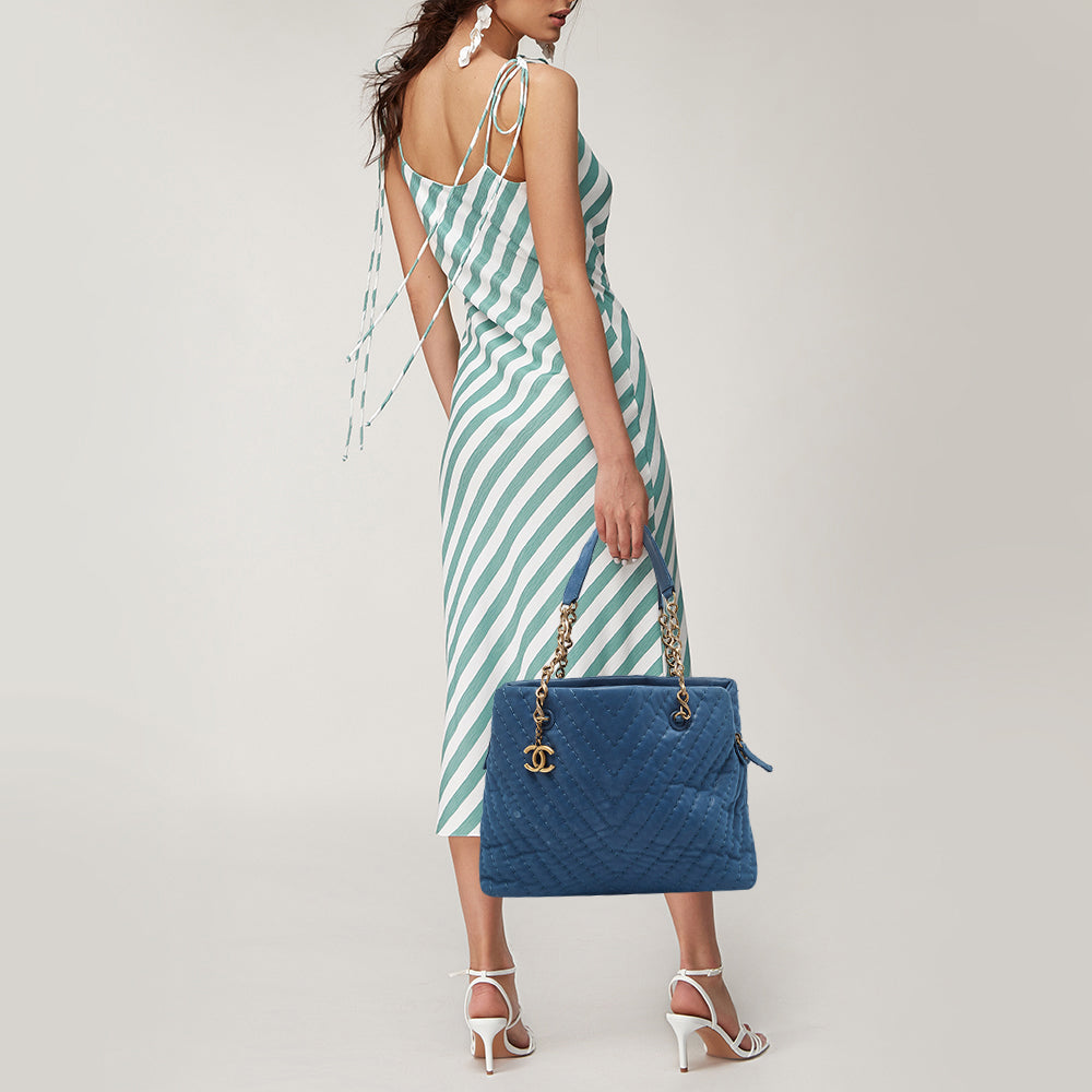 CHANEL Blue Iridescent Chevron Leather CC Charm Chain Bag