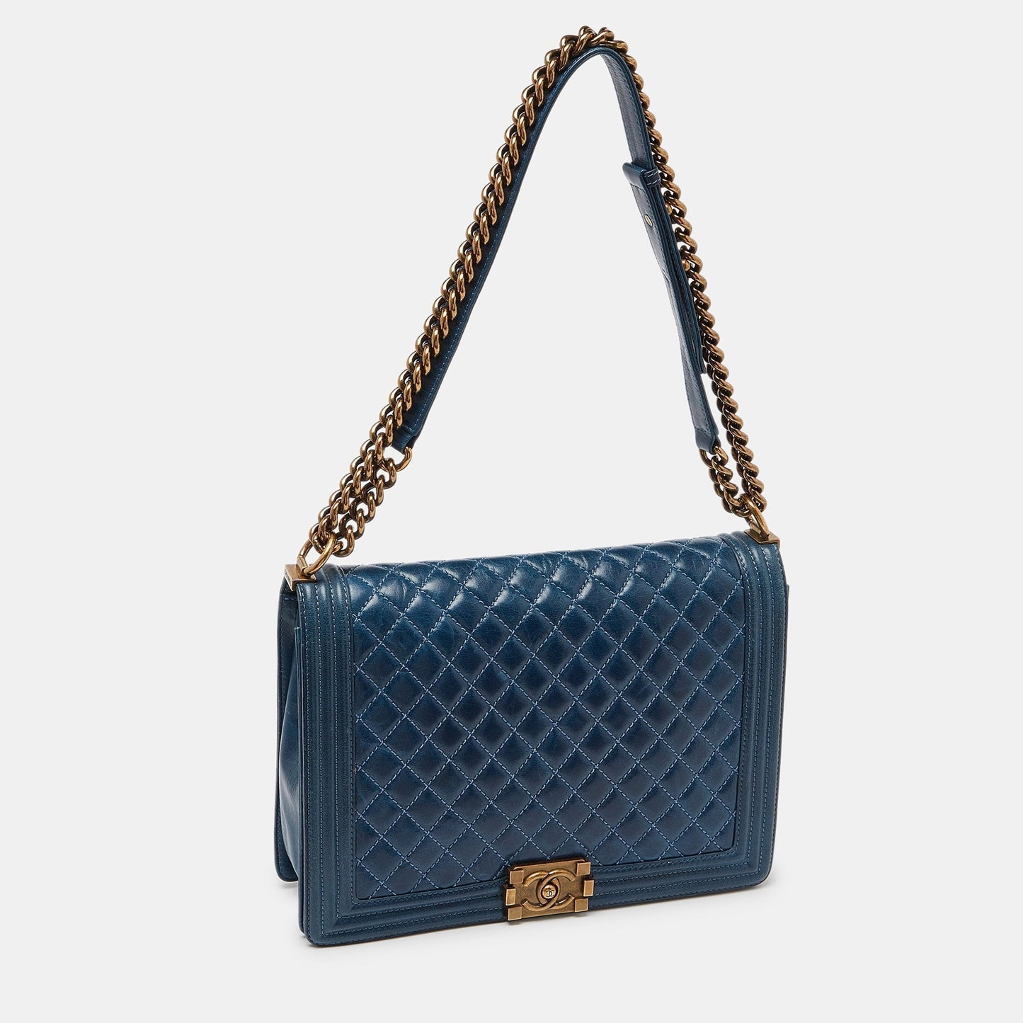 CHANEL Blue Quilted Leather Large Boy Flap Bag