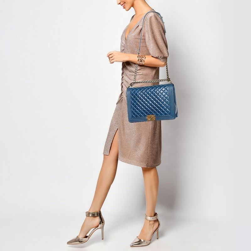 CHANEL Blue Quilted Leather Large Boy Flap Bag