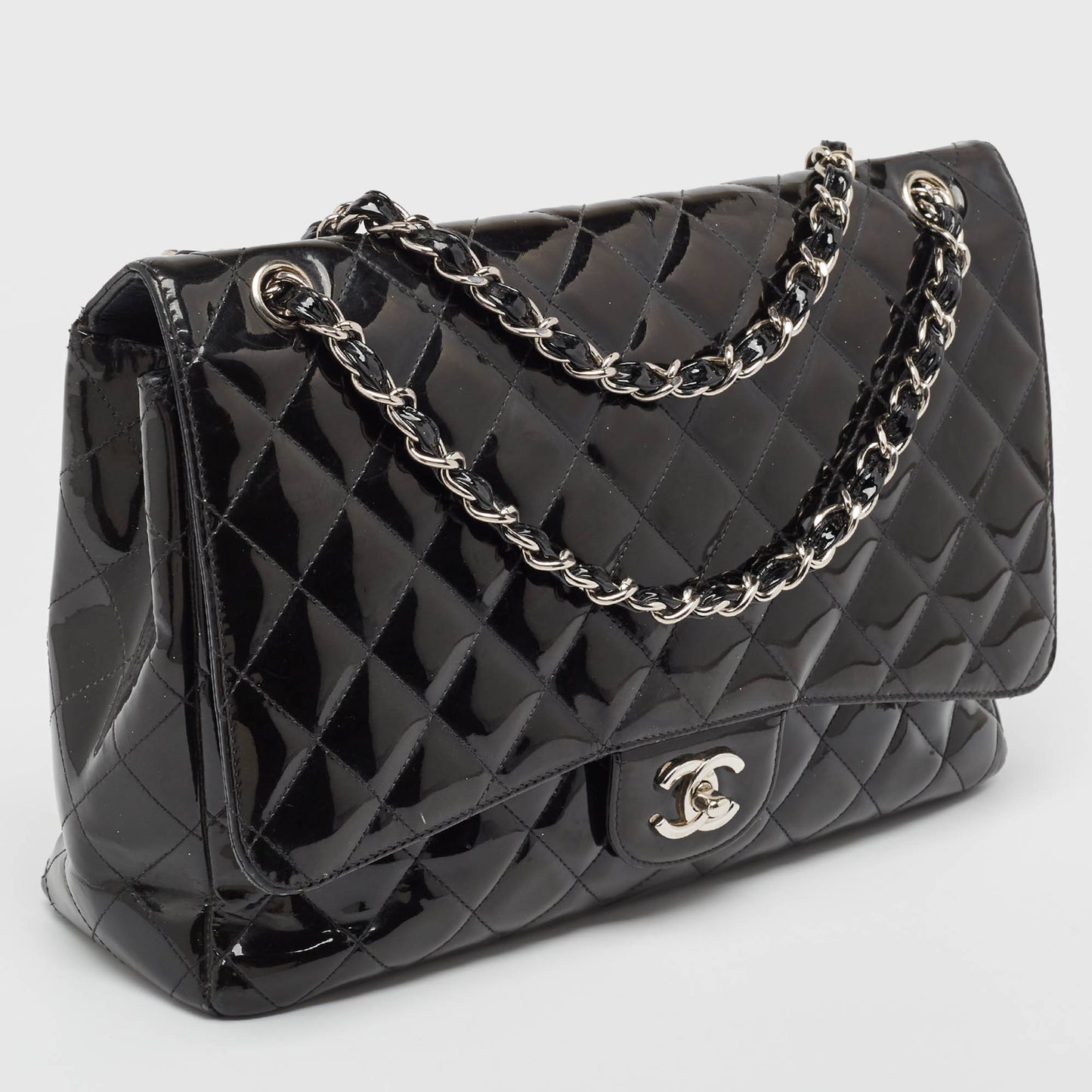 CHANEL Black Quilted Patent Leather Maxi Classic Single Flap Bag
