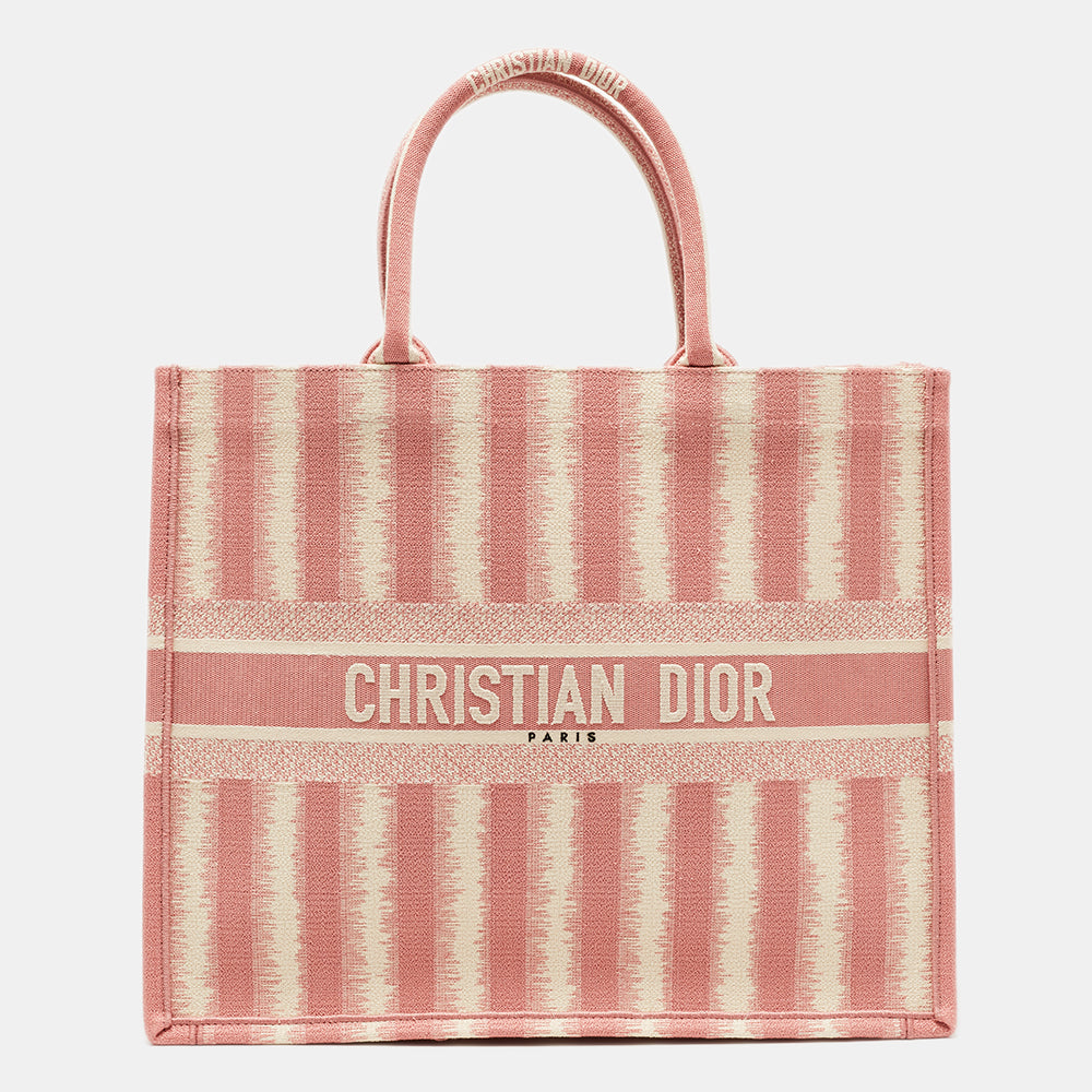 Luxury DiorPink/White Embroidered Canvas D-Stripe Book Tote
