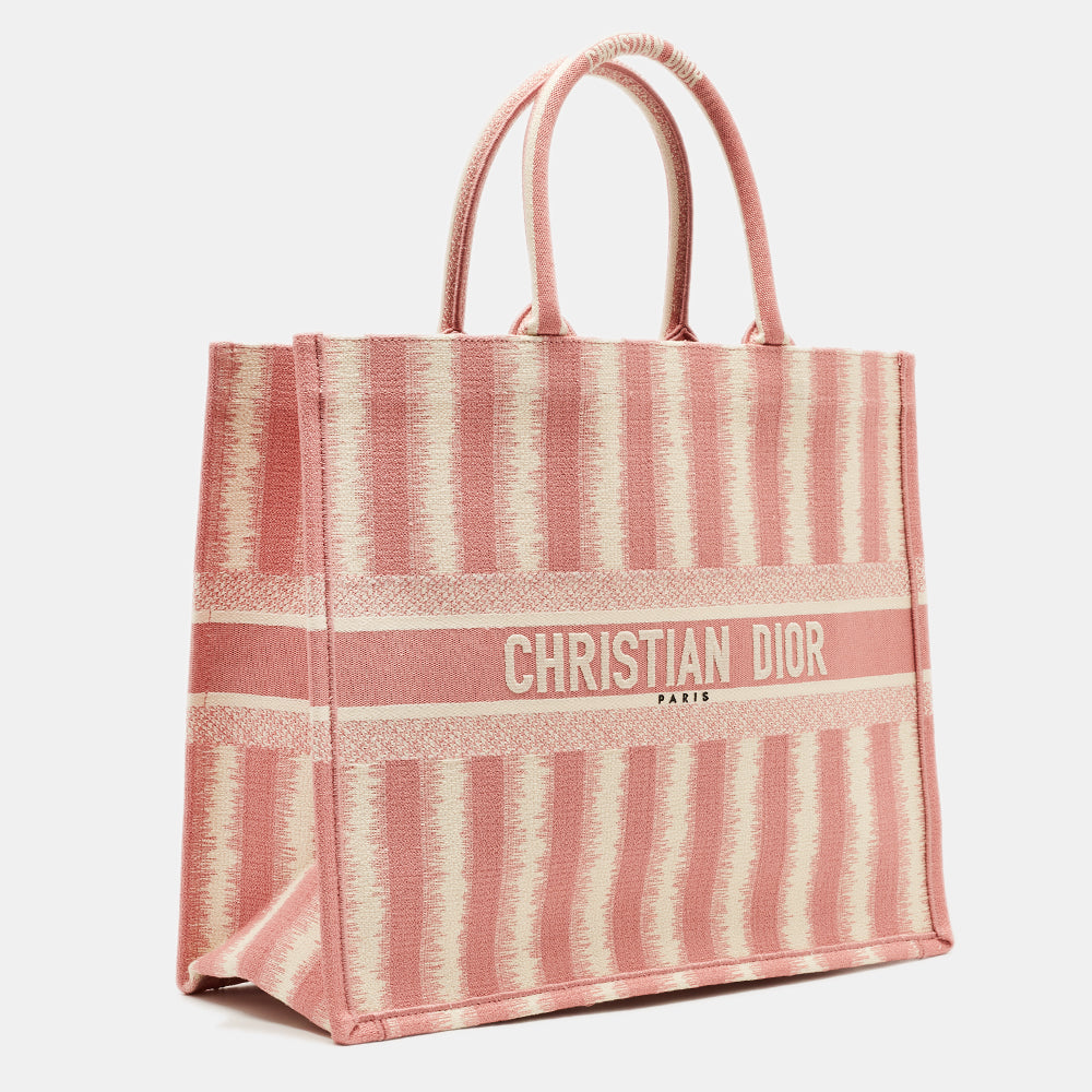 Luxury DiorPink/White Embroidered Canvas D-Stripe Book Tote